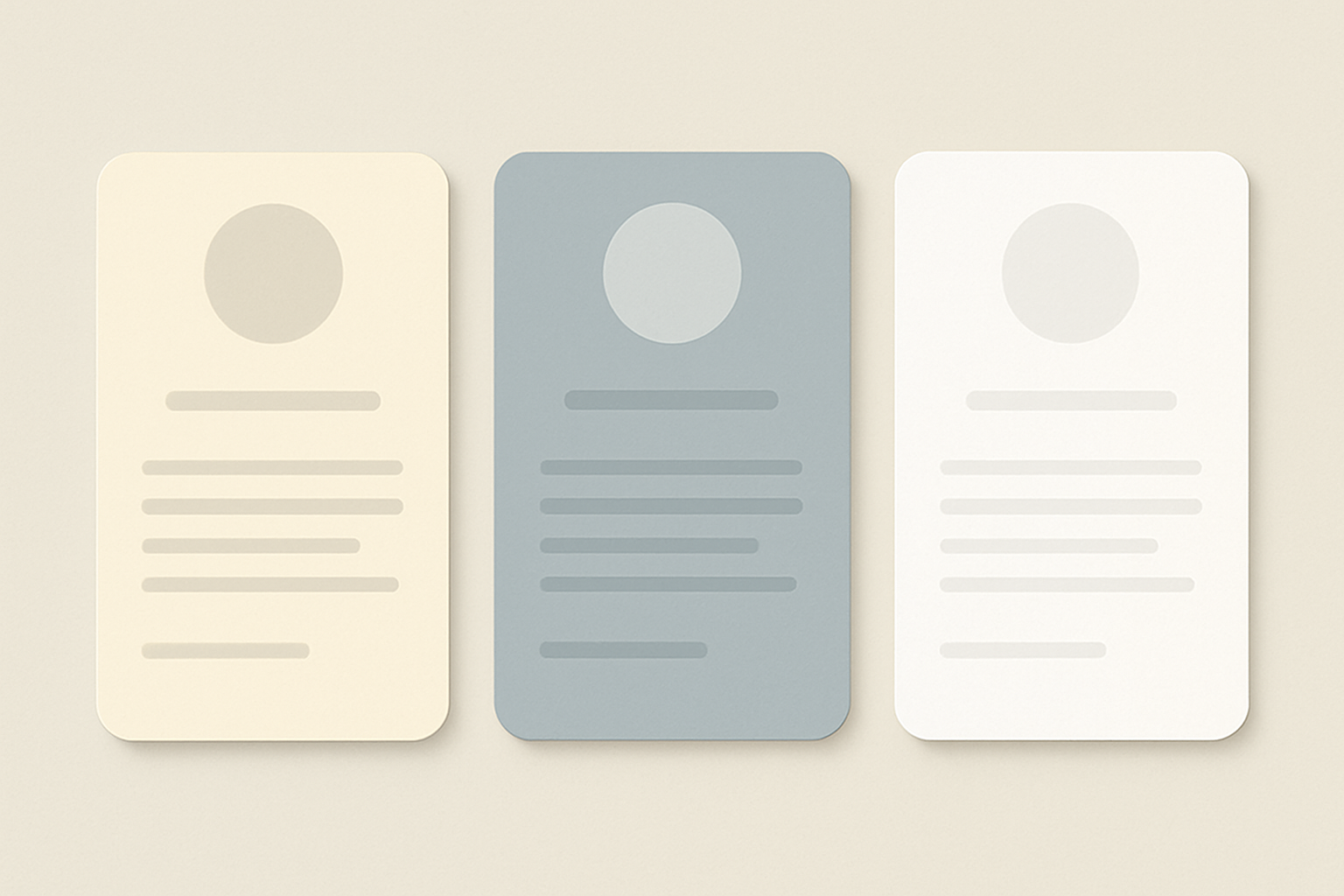 Three UI card mockups showing how the same gray text color appears to shift warm, cool, or neutral depending on the card's background tint.