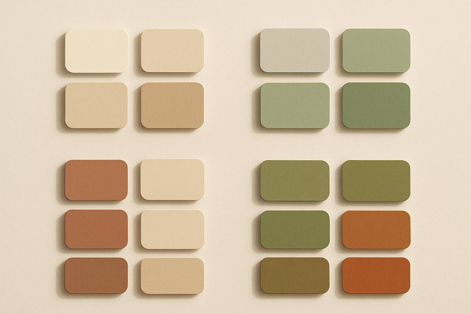 A grid of muted color swatches organized in four groups representing the palettes of leading brands in the 2026 desaturated design trend, featuring warm ivories, clay tones, sage greens, and muted terracottas.