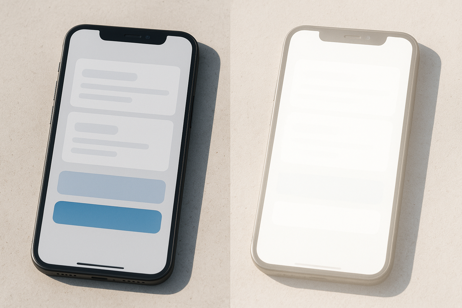 Side-by-side comparison of a mobile UI under normal indoor conditions versus the same UI under a simulated sunlight wash-out overlay, showing how elements disappear in bright ambient light.