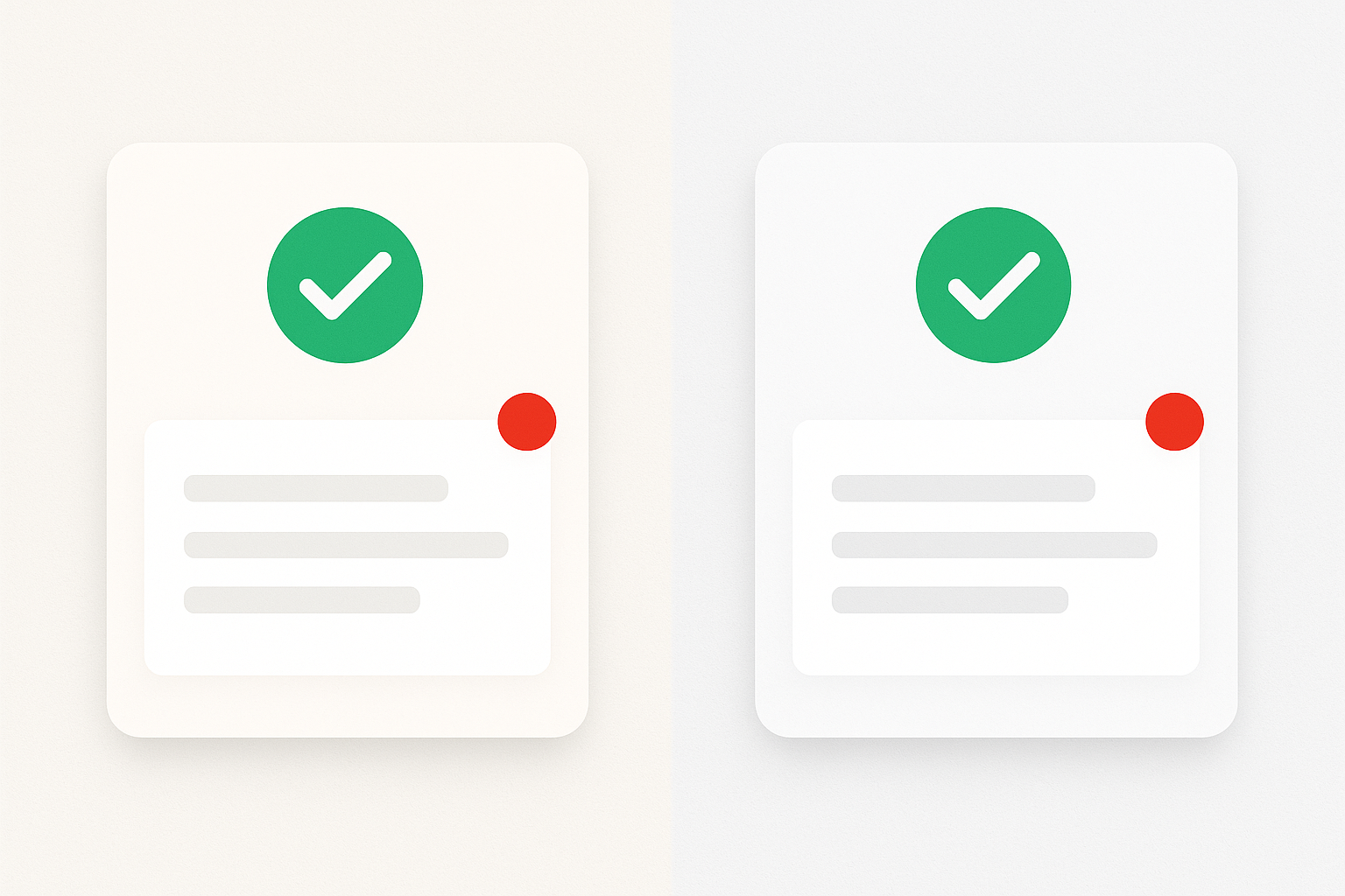 Two identical UI card components shown side by side, differing only in background surface color (warm gray versus cool gray), demonstrating how the same icon and status badge colors appear perceptually shifted depending on the surrounding surface tone.