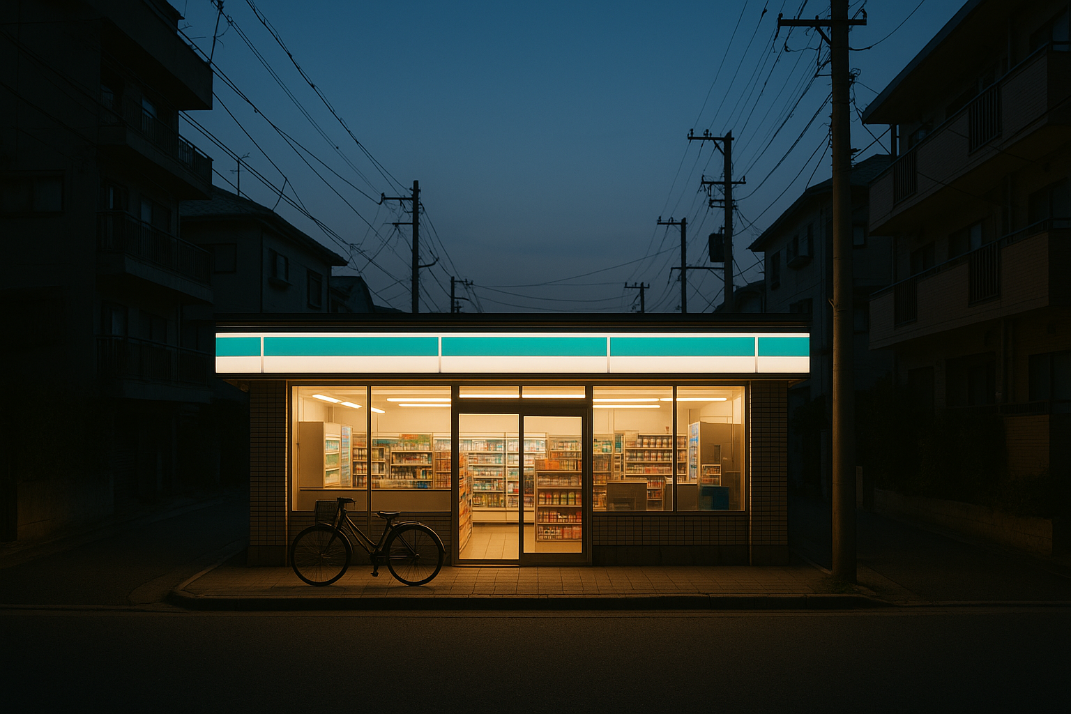 A FamilyMart-style convenience store at dusk on a quiet Tokyo residential street, its teal-and-white facade glowing brightly as a neighborhood landmark among low-rise apartments.