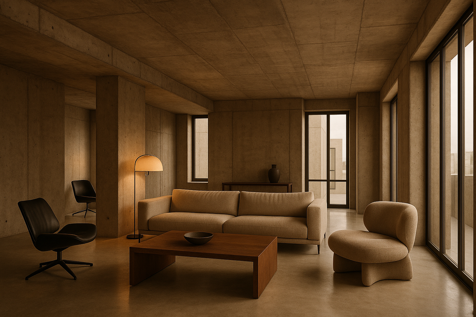 A contemporary luxury apartment interior celebrating exposed raw concrete walls and ceiling with minimalist designer furniture and warm ambient lighting