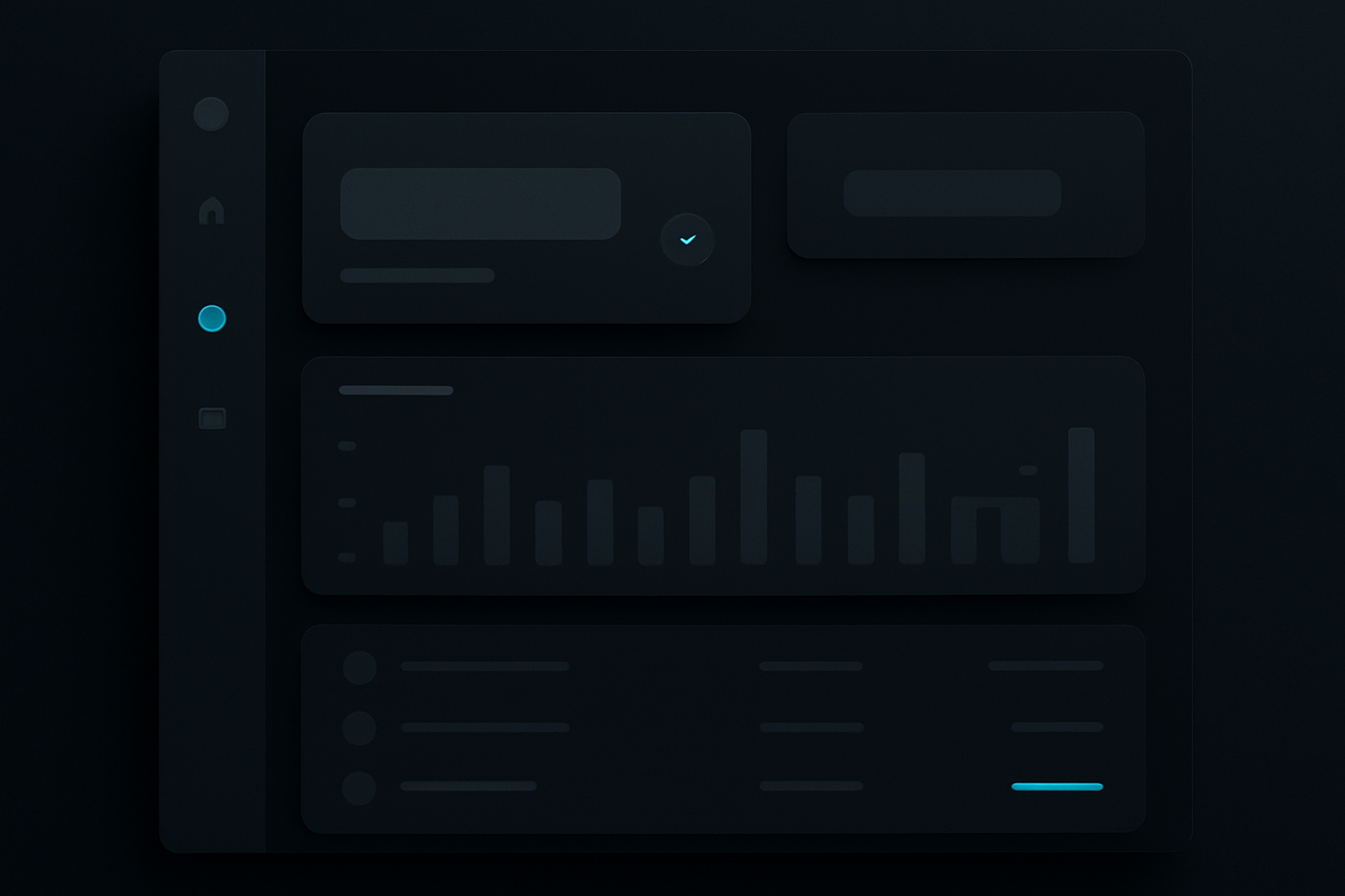 A modern fintech dashboard interface showing restrained neon design with a single teal accent color against a deep navy-black background, demonstrating the Wave 2 approach of using neon sparingly as a signal
