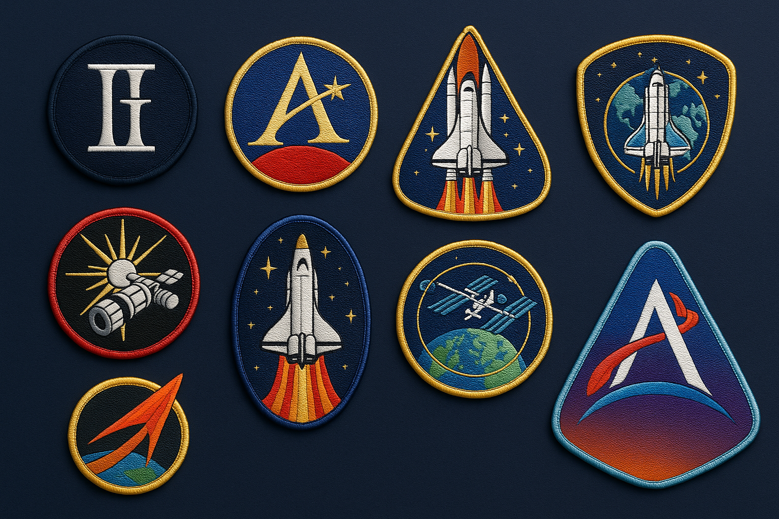 A grid of eight NASA mission patches spanning from the Gemini program through the Artemis era, showing the visual evolution of color palettes, design styles, and symbolic complexity across decades of space exploration.