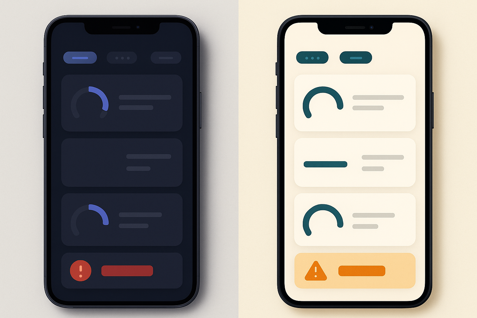 Before and after comparison of a health dashboard interface, showing the original dark navy and blue-violet design alongside the redesigned warm off-white and teal version optimized for aging eyes