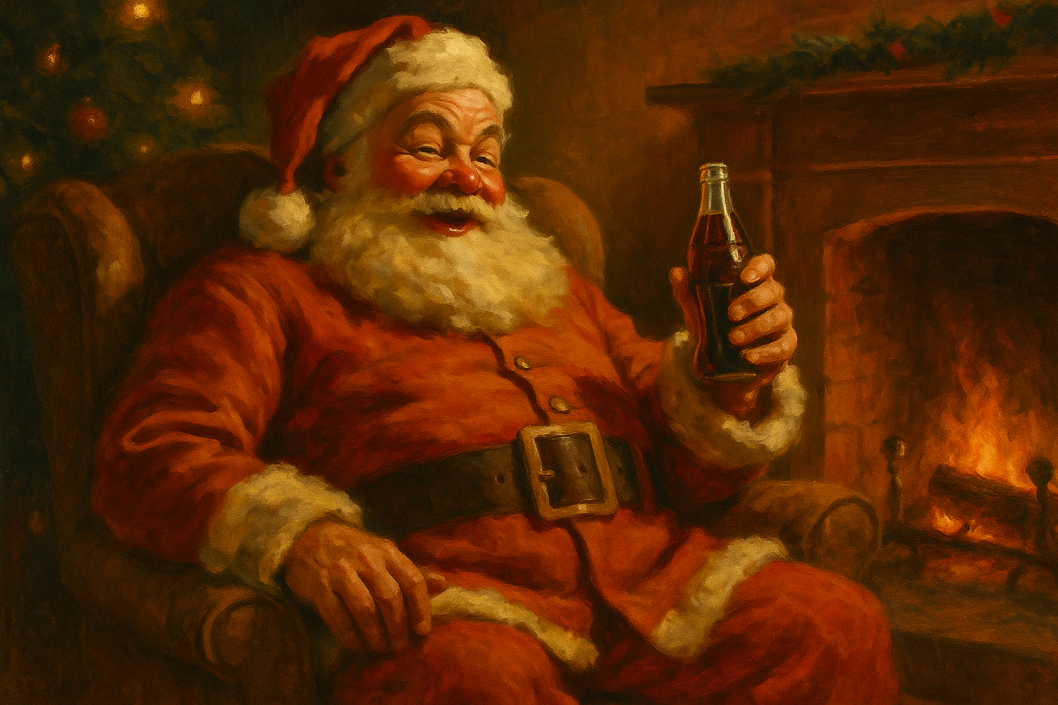 A warm, nostalgic 1930s-style illustration of Santa Claus in a red and white suit holding a cola bottle, demonstrating the iconic red-and-white color pairing in holiday advertising