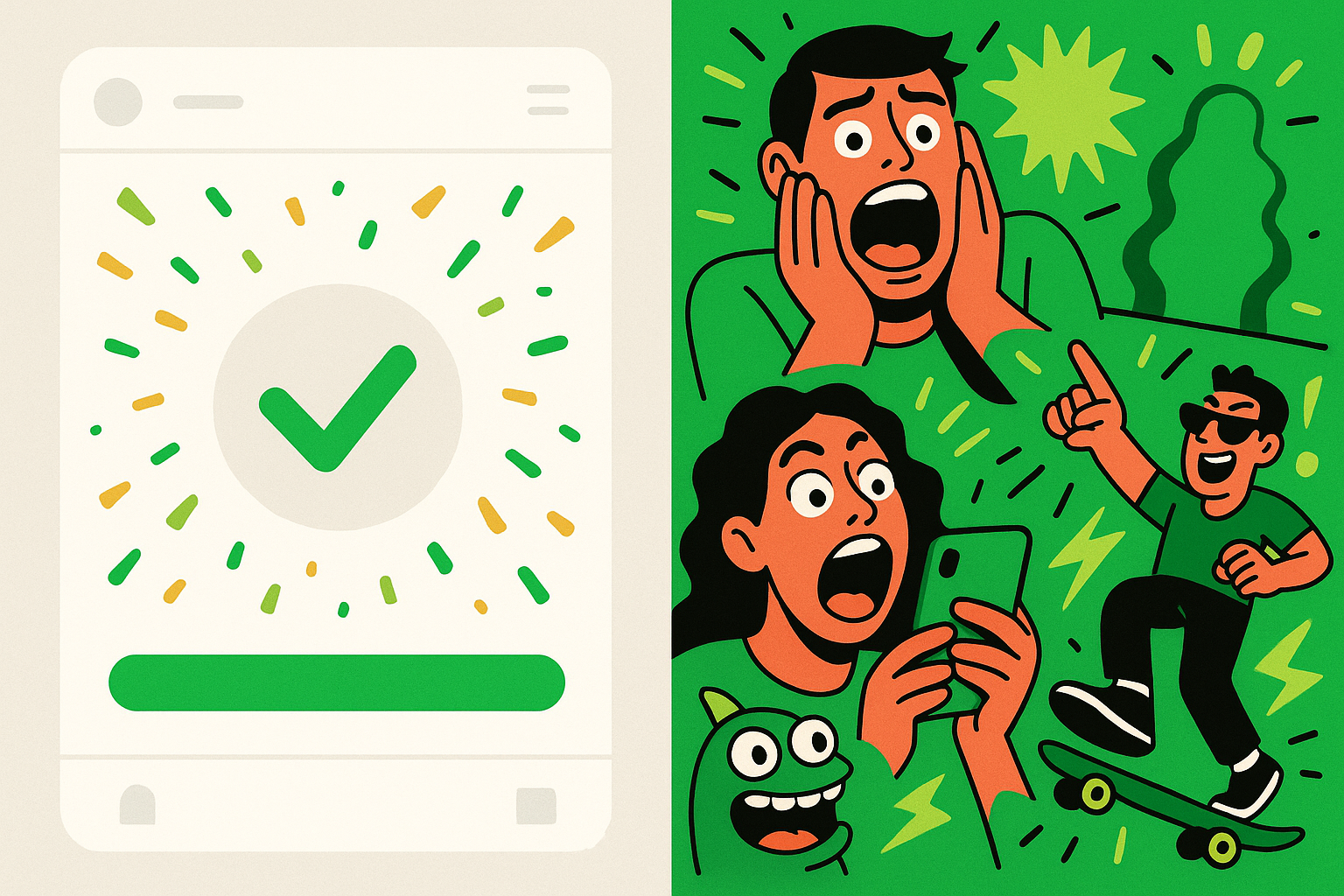 Split-screen illustration contrasting a calm, structured app interface using green as a reward color on the left with a chaotic, meme-style social media aesthetic using the same green for comedic disruption on the right