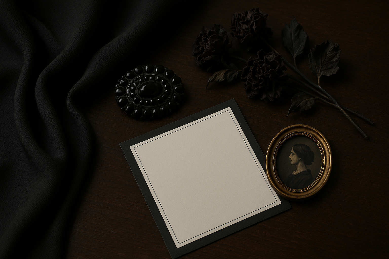Victorian mourning accessories including black crape fabric, jet jewelry, and mourning stationery arranged in a still life composition
