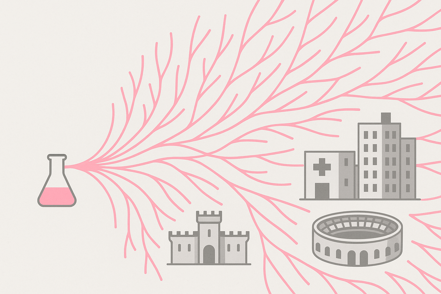 Conceptual illustration showing how a single small scientific study branched outward to influence the design of prisons, hospitals, stadiums, and other buildings, visualized as pink lines radiating from a small test tube to numerous building icons
