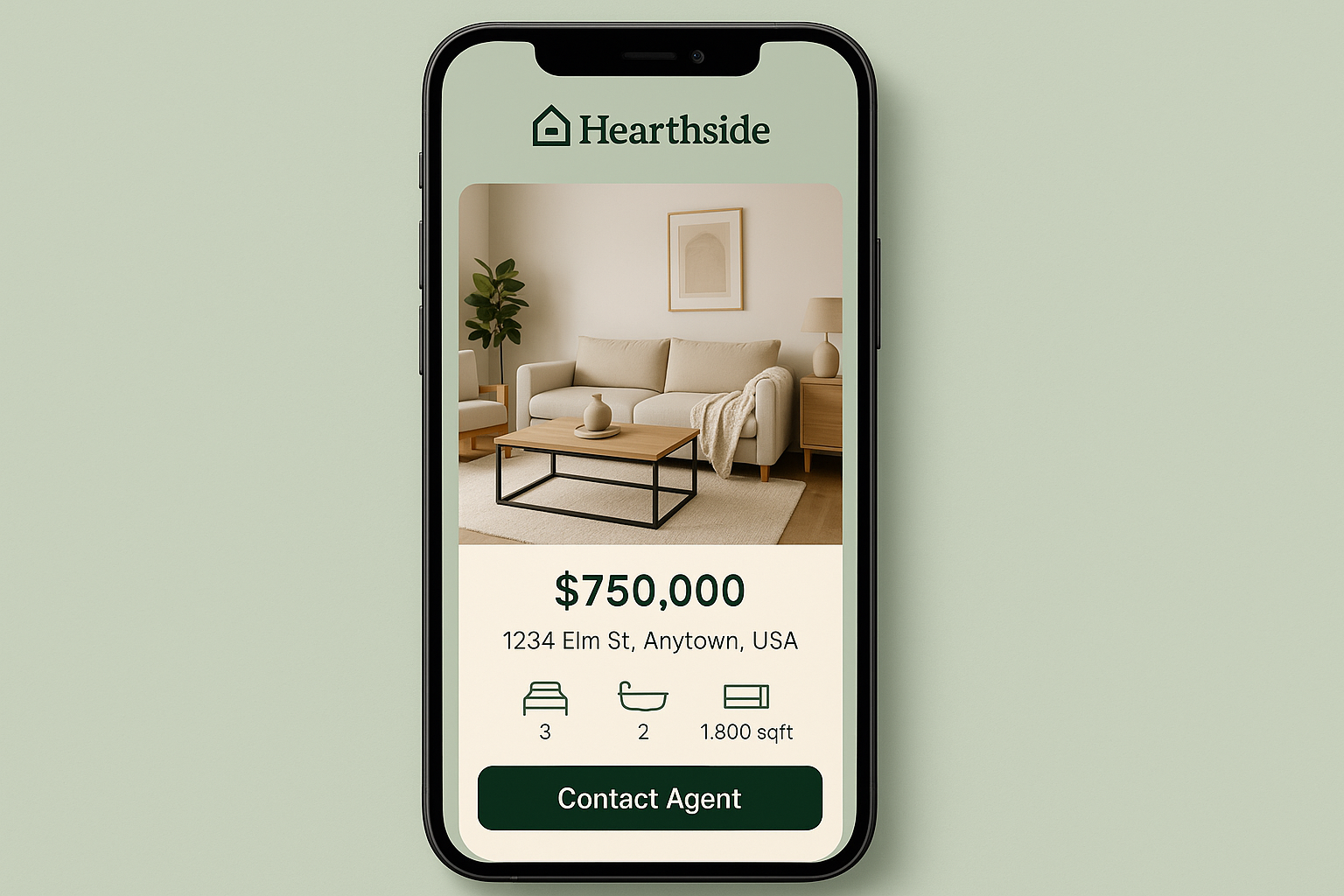 A smartphone mockup of the Hearthside app property listing screen using the Sage Naturalist color system, featuring sage green accents, warm cream backgrounds, and a deep sage call-to-action button.