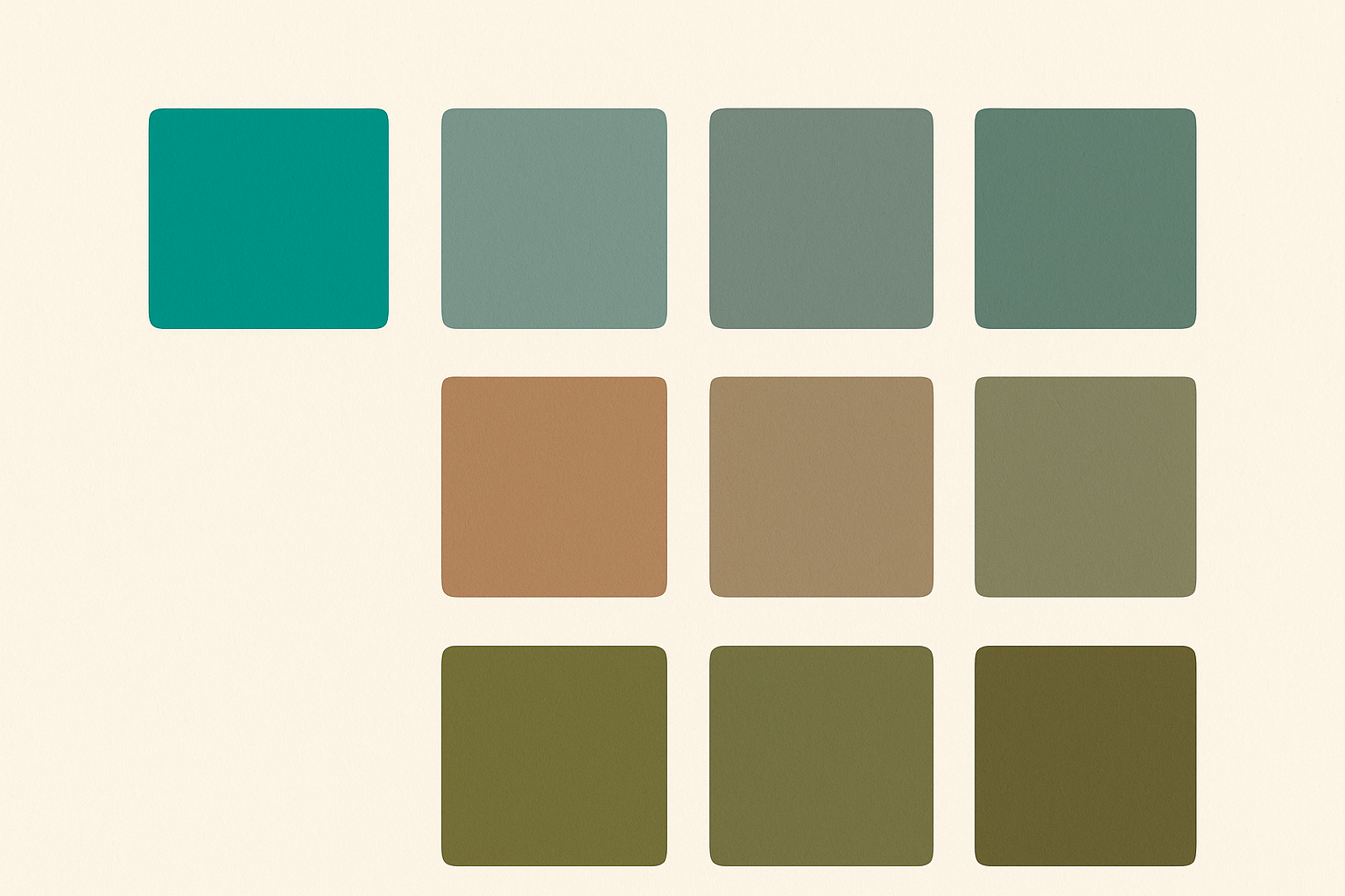 A swatch grid showing a vivid teal color transformed through three contamination methods: gray contamination, complementary contamination, and earth-tone blending, each producing distinct muted variants.