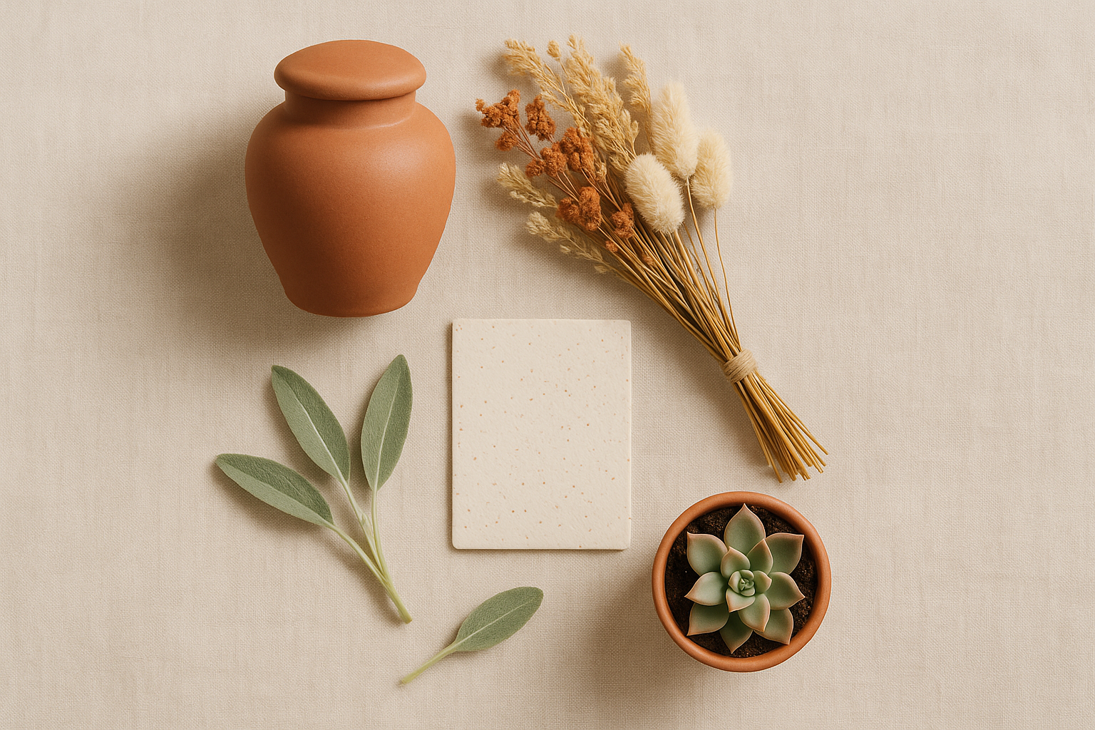 A flat-lay arrangement of modern green burial and death positivity items including a terracotta urn, dried wildflowers, and seed paper in warm earth tones on a linen surface