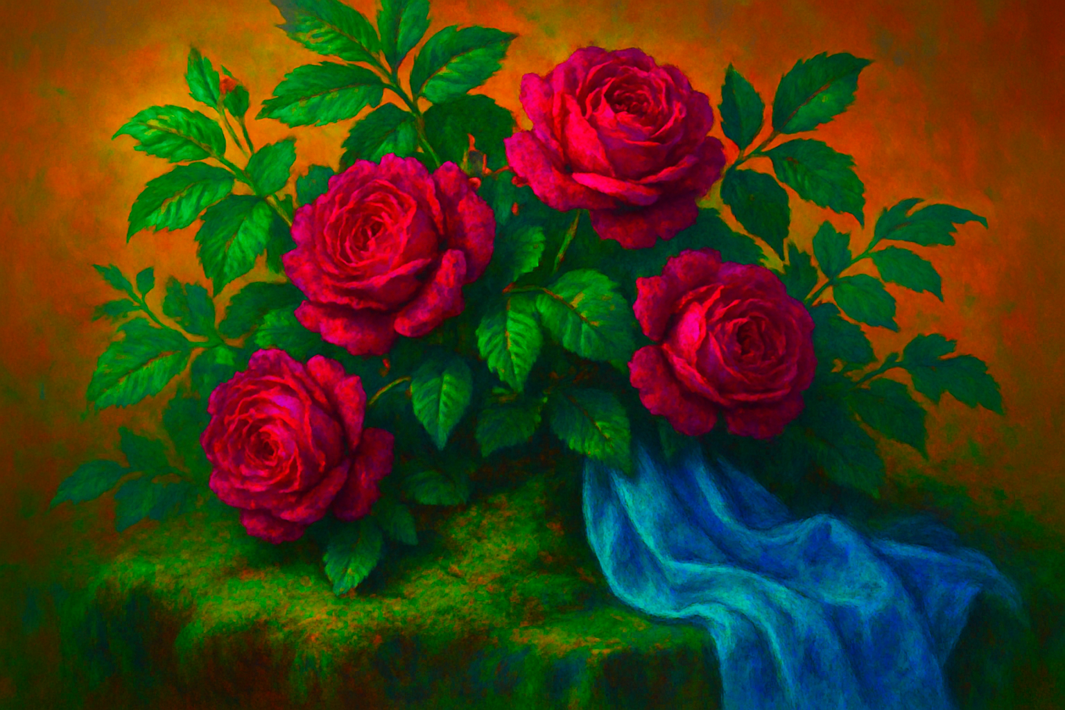 A richly saturated still life featuring emerald greens, warm magentas, golden amber light, and powder blue fabric, arranged to evoke the heightened color palette characteristic of classic Technicolor films
