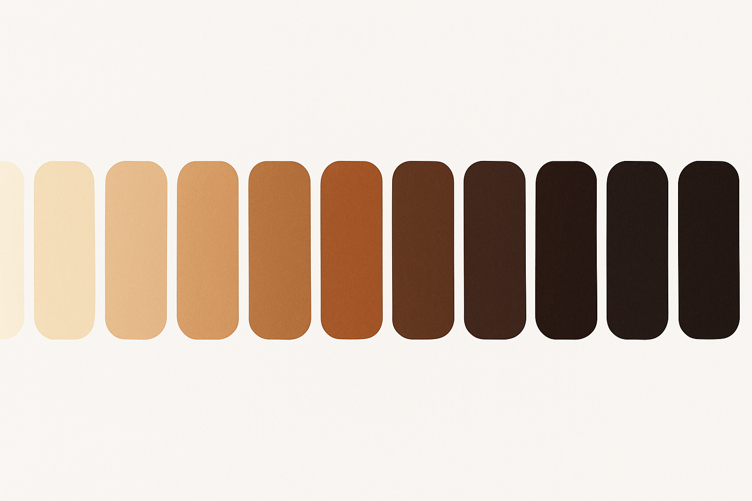 A 12-step warm tonal ramp showing swatches progressing from near-white cream to near-black warm brown, demonstrating a perceptually uniform warm neutral scale.