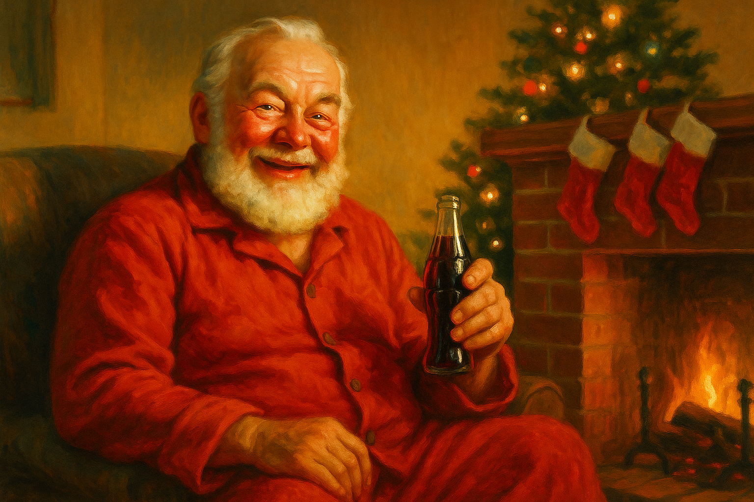 A warm, painterly illustration in the style of mid-century American magazine art showing a jolly figure in a vivid red suit holding a cola bottle in a cozy fireplace setting, demonstrating how advertising fused red with Christmas warmth