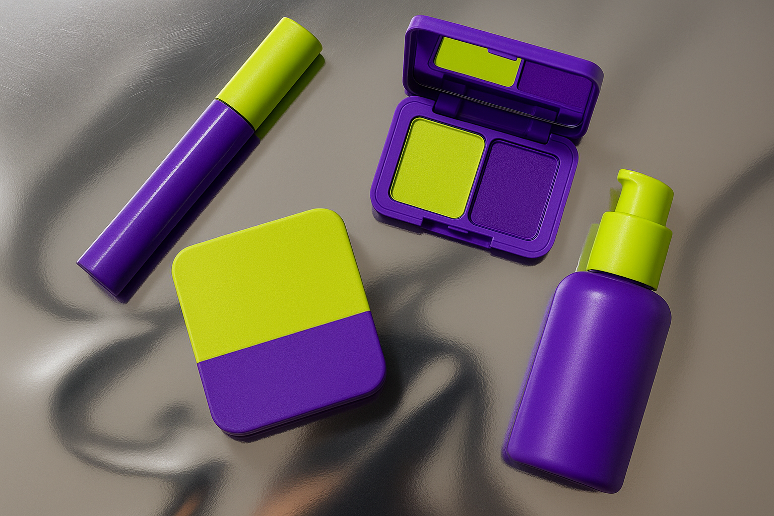 Flat-lay of cosmetic products in ultraviolet purple and acid lime packaging arranged on a chrome silver surface, showing a cohesive brand identity system
