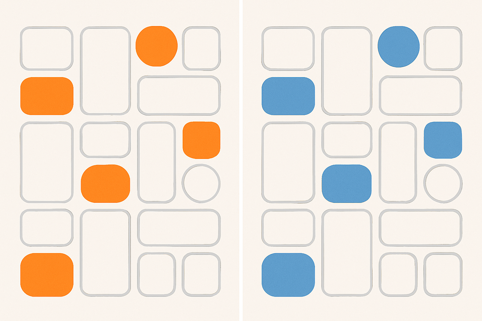 Two versions of a repeating UI grid pattern showing how swapping a single warm accent color to cool blue shifts the perceived temperature of the entire layout