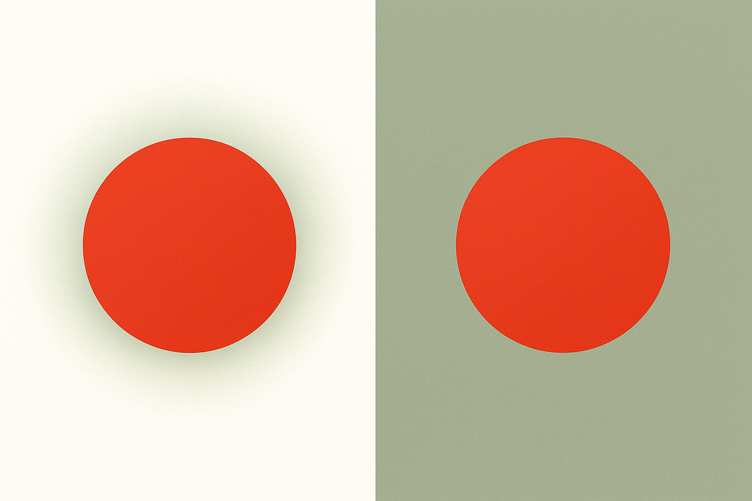 An illustration demonstrating the afterimage phenomenon, showing how a red shape against white produces a distracting green ghost image, while the same red against a blue-green background neutralizes the effect.
