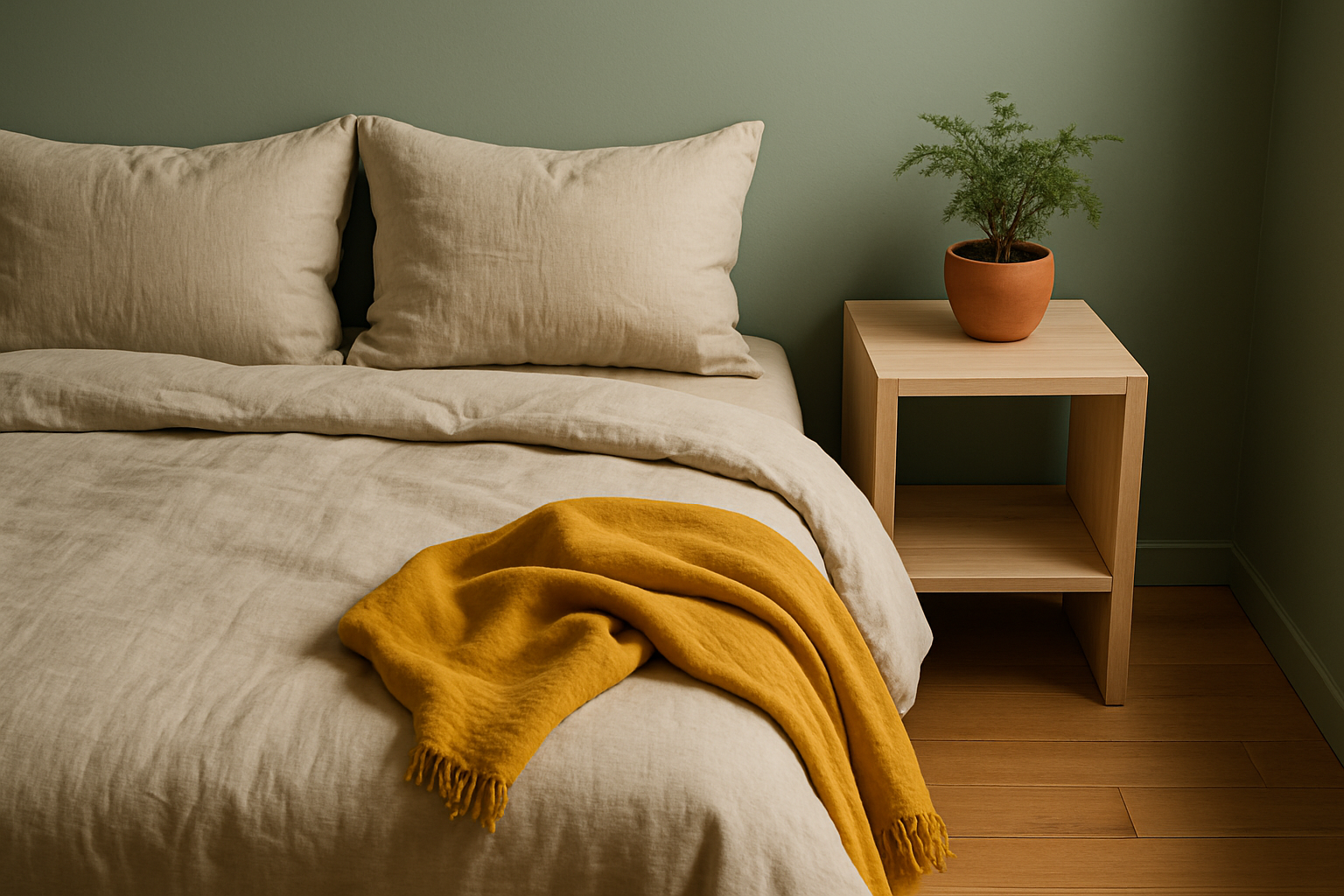 A Scandinavian-style bedroom vignette featuring layered neutrals including greige walls, oat-colored bedding, birch wood furniture, and a single mustard throw as a controlled color accent.