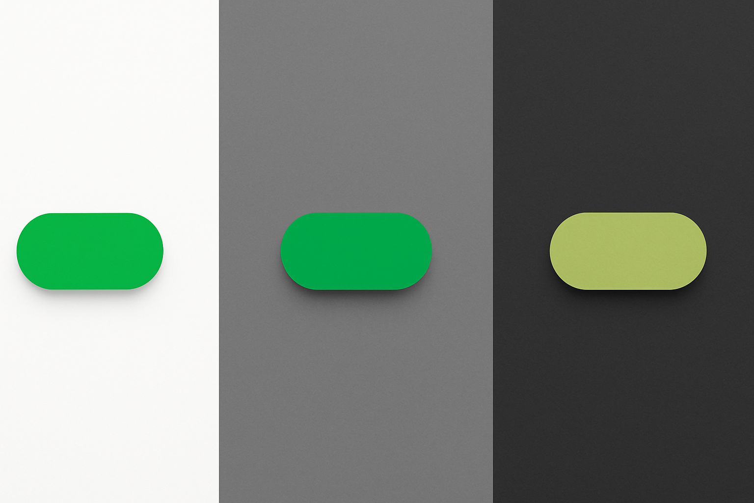 The same green UI button shown on white, gray, and charcoal backgrounds demonstrating how simultaneous contrast shifts its perceived hue from fresh green to yellowed and sickly