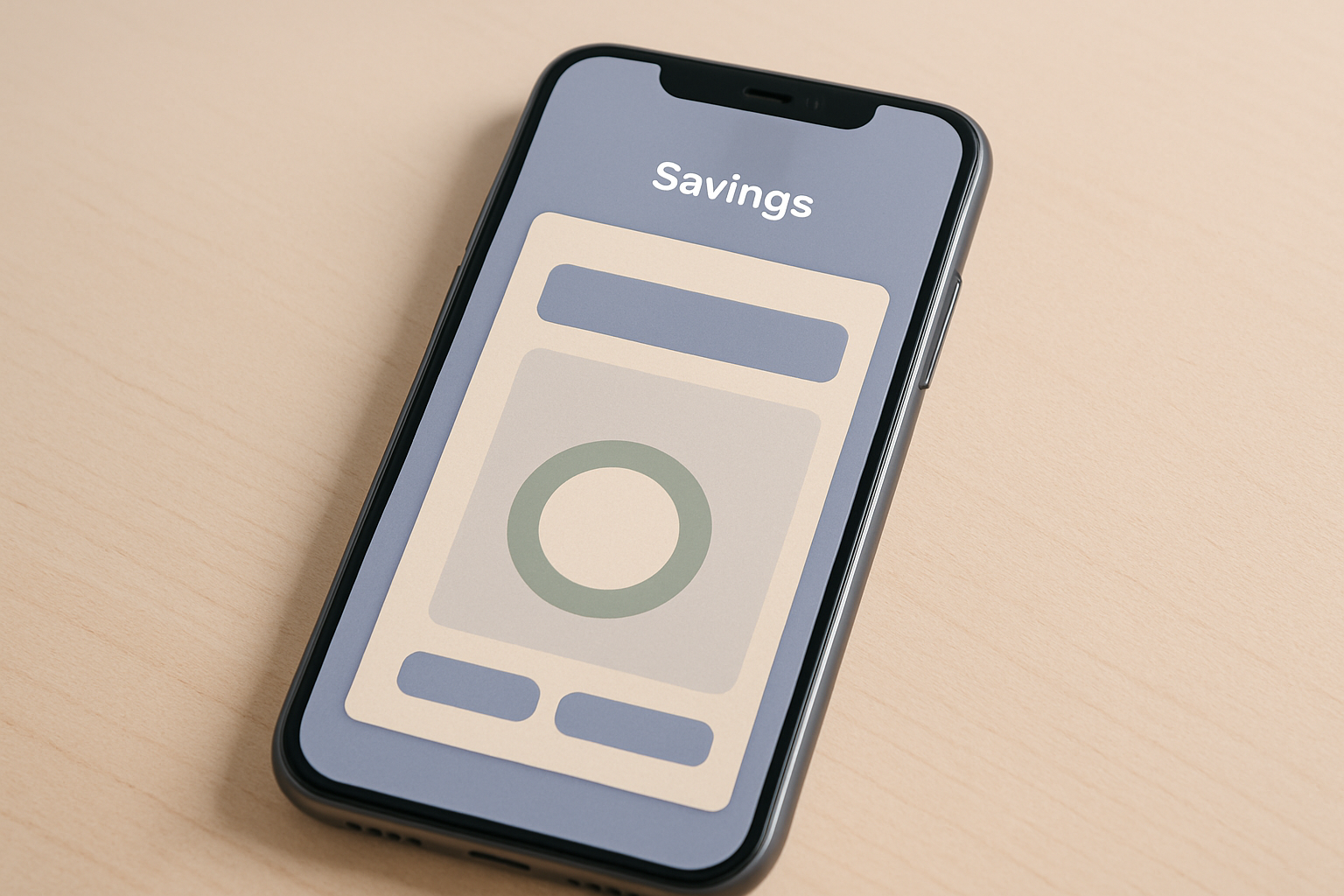 Mobile savings app mockup demonstrating the Safety-First palette with muted periwinkle-blue accents, warm off-white surfaces, and soft sage green progress indicators