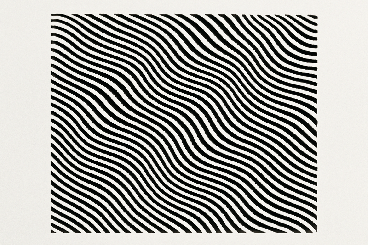 Black and white Op Art pattern of closely spaced wavy lines creating an optical vibration effect that can trigger phantom color sensations in the viewer