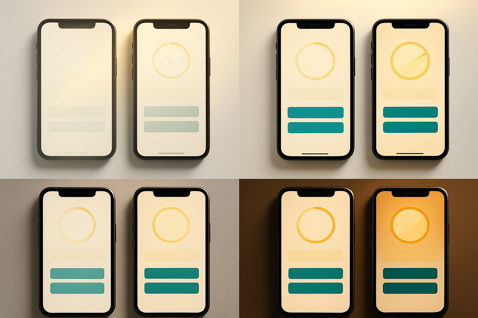 Side-by-side comparison of a fintech dashboard in its original and rebuilt color palette, shown under simulated sunlight and café lighting conditions, demonstrating improved contrast and readability in the redesigned version.
