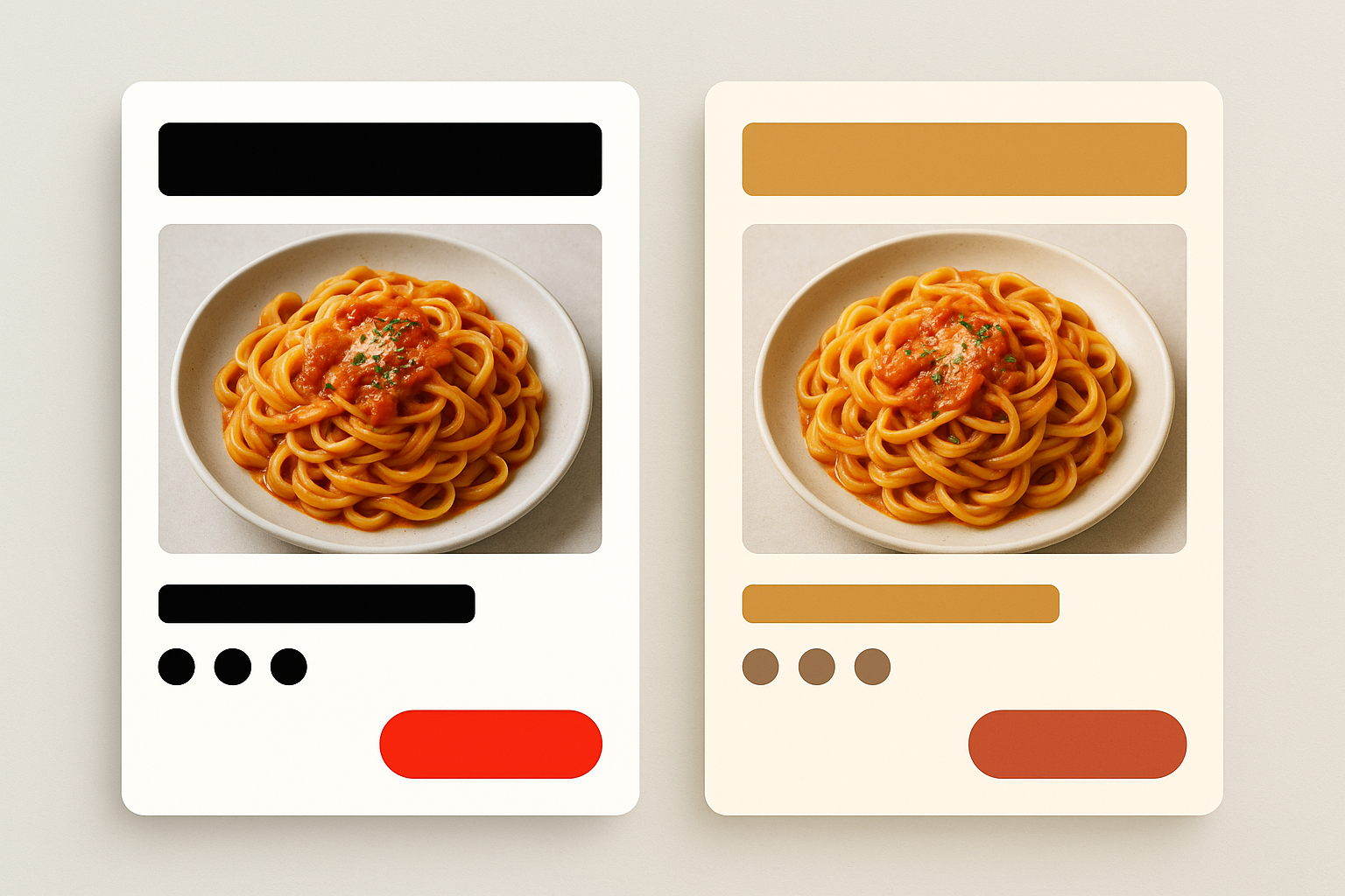 Side-by-side comparison of the same restaurant listing card rendered in aggressive red-and-black palette versus warm artisanal earth tones, demonstrating the dramatic emotional difference