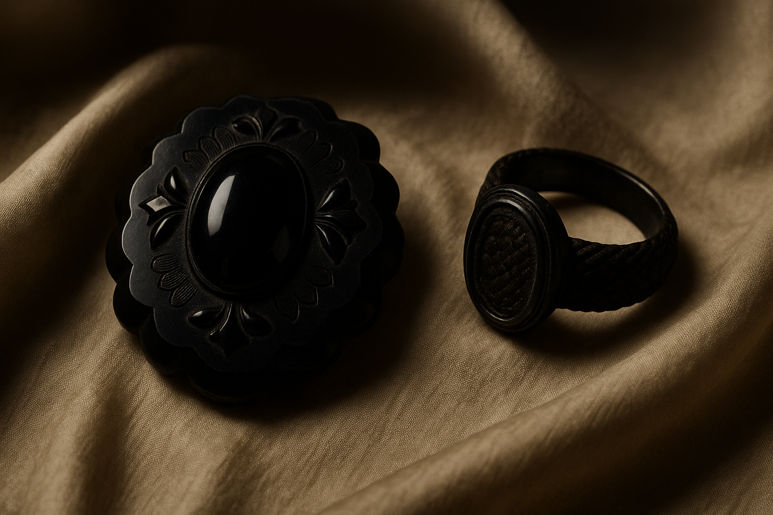 Victorian-era black jet mourning brooch and hair-work ring displayed on pale silk, representing the commercialized grief economy of 19th-century Britain