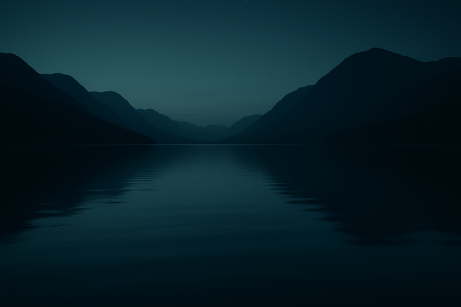 A still mountain lake at twilight with deep blue and teal tones, reflecting the nocturnal, low-contrast aesthetic that apps like Calm use to cue rest and relaxation.