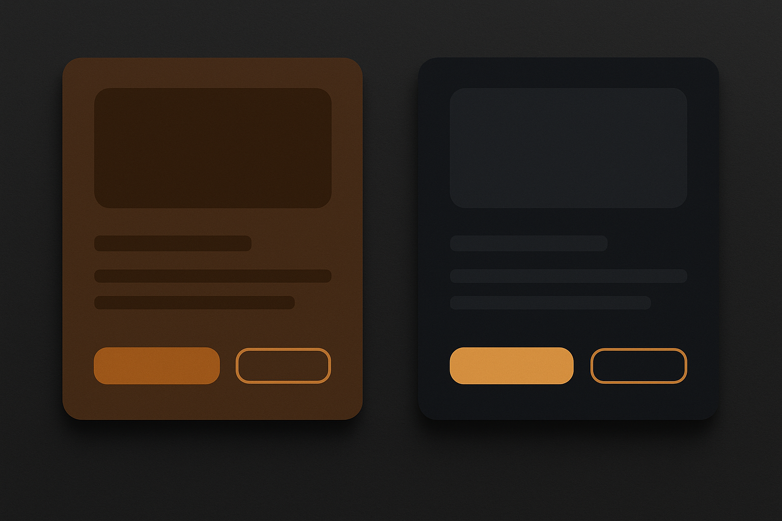 Side-by-side comparison of a failed warm dark mode with muddy amber surfaces versus a successful warm dark mode using cool-tinted dark backgrounds with warm amber accents only on interactive elements