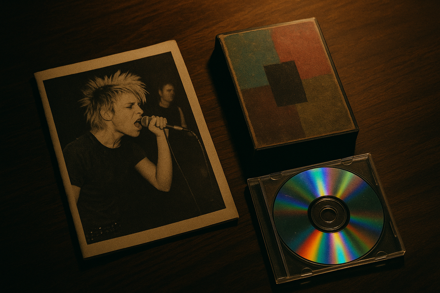 Vintage design artifacts from the 1990s including a photocopied zine, VHS tape, and iridescent CD case representing grunge and Y2K aesthetics