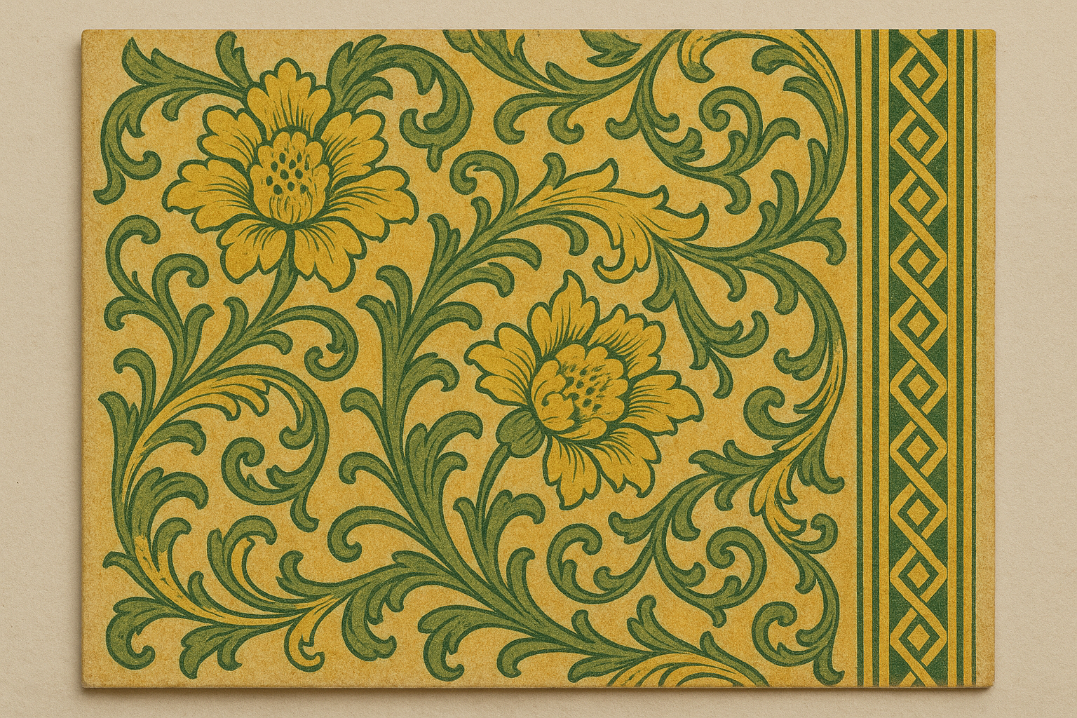 A preserved Victorian-era wallpaper sample featuring chrome yellow and green pigmented patterns, showing aged texture and ornate floral designs typical of 19th-century interior decoration