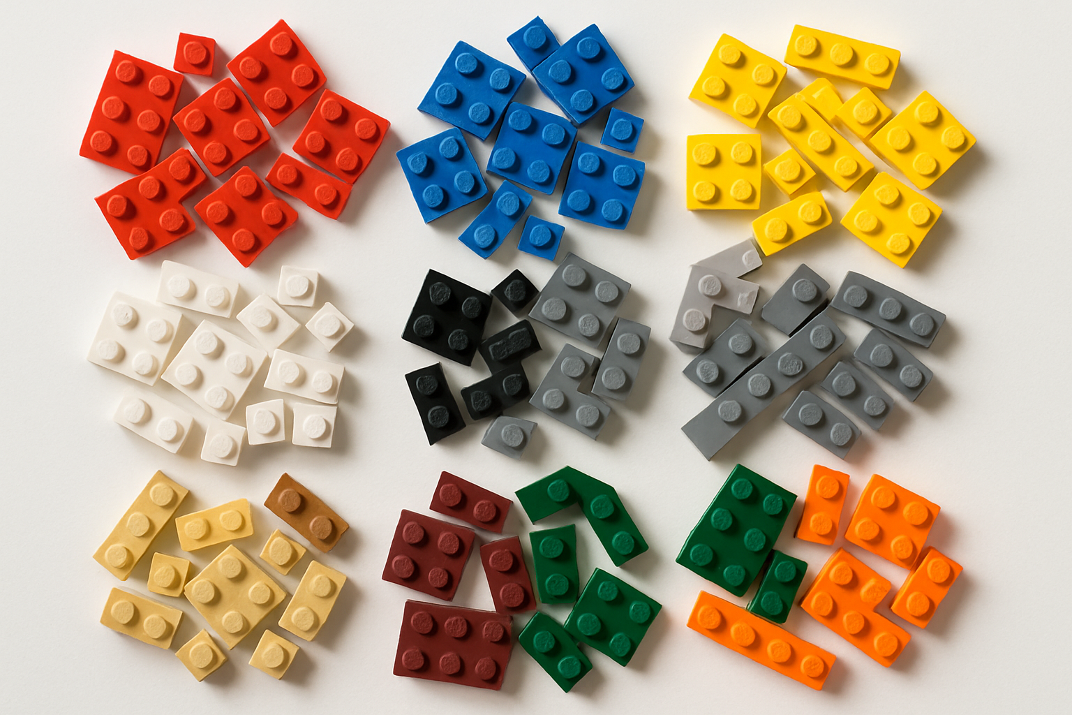 A top-down macro photograph of loose LEGO bricks sorted by color on a white surface, showing the physical reality of LEGO's restricted color palette including reds, blues, yellows, greys, and accent colors