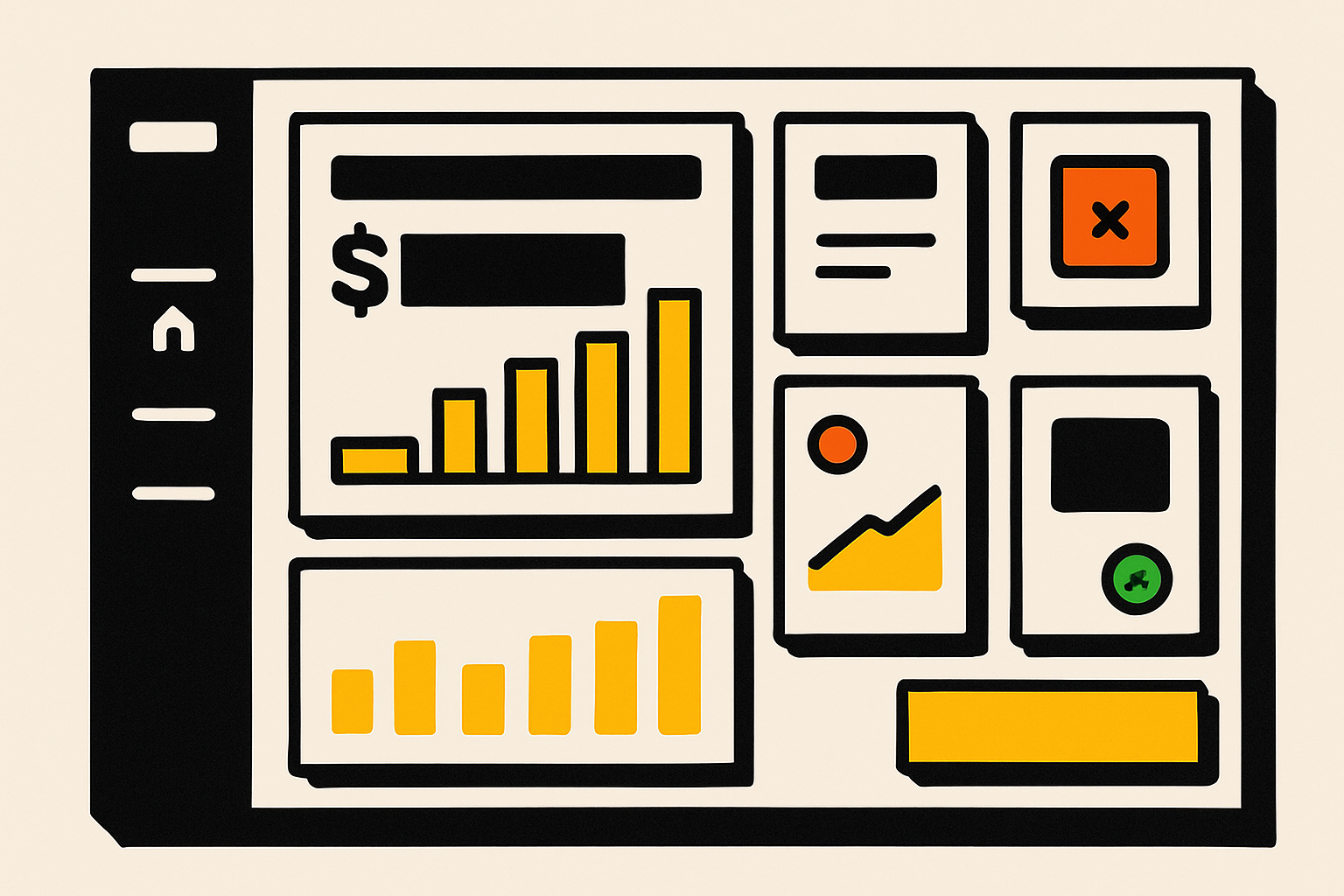 A neo-brutalist fintech dashboard UI mockup featuring thick black borders, acid yellow data highlights, red alerts, and green success states on a warm off-white background, demonstrating how brutalist color principles work in a full product interface.