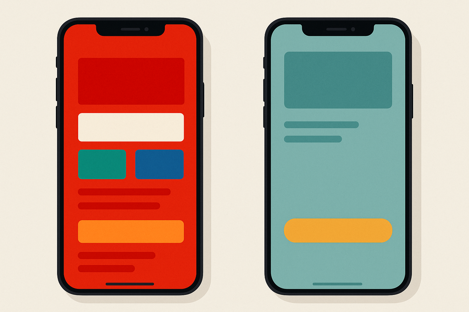 Side-by-side comparison of a crisis app before and after color system redesign, contrasting a chaotic red-heavy interface with a calm teal-and-amber redesigned version.