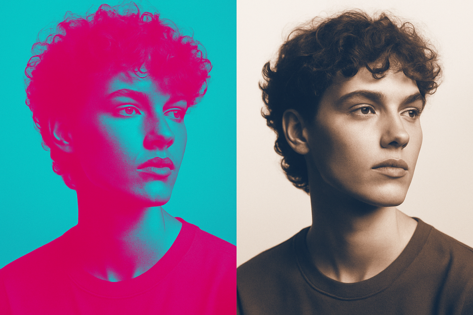 Side-by-side comparison of the same portrait treated with a high-saturation 2016-era duotone versus a muted, modern 2026-style duotone, illustrating the shift in palette approach