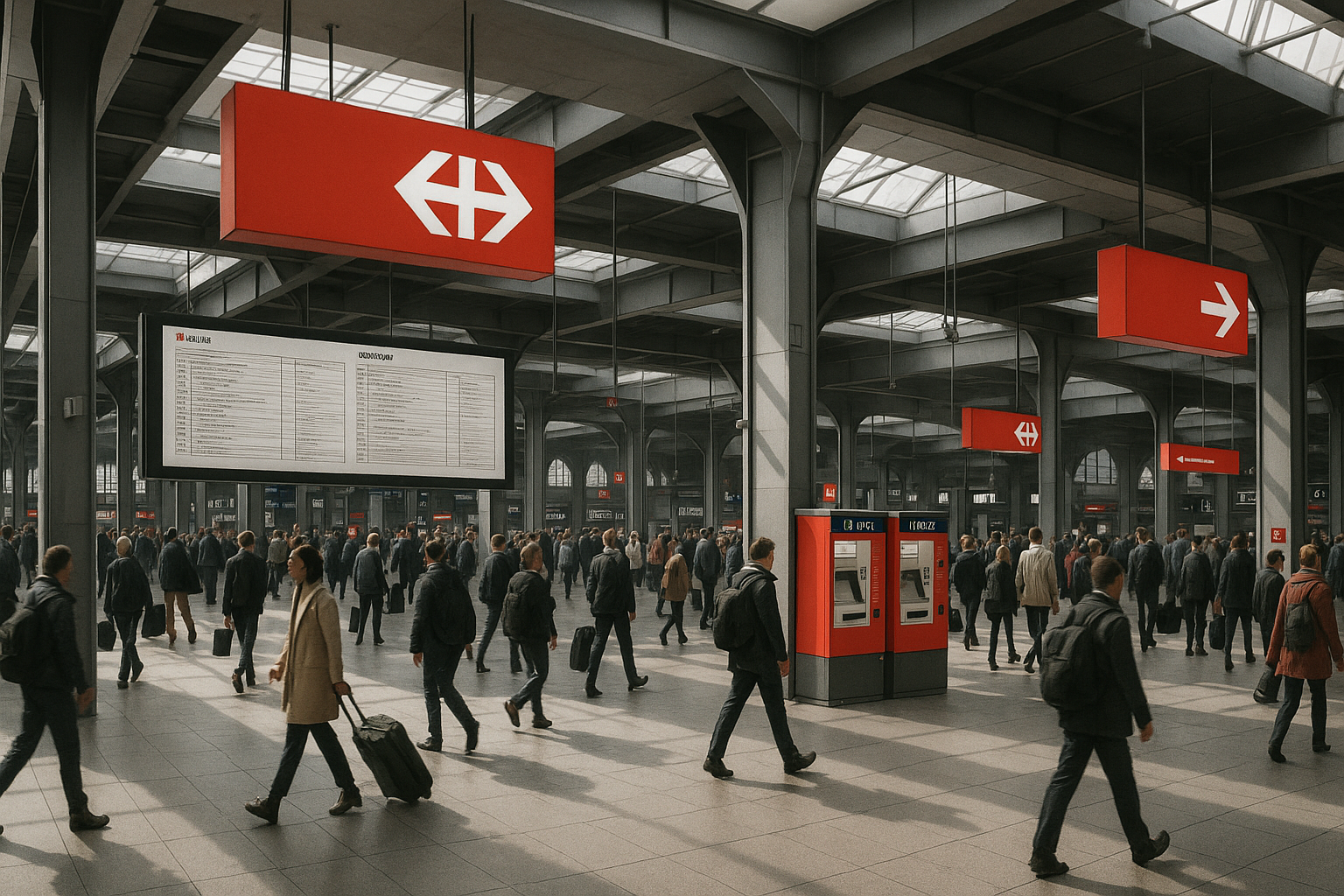 Wide-angle view of a busy Swiss railway station concourse showing how SBB's red, grey, black, and white color system creates clear wayfinding hierarchy in a complex public space