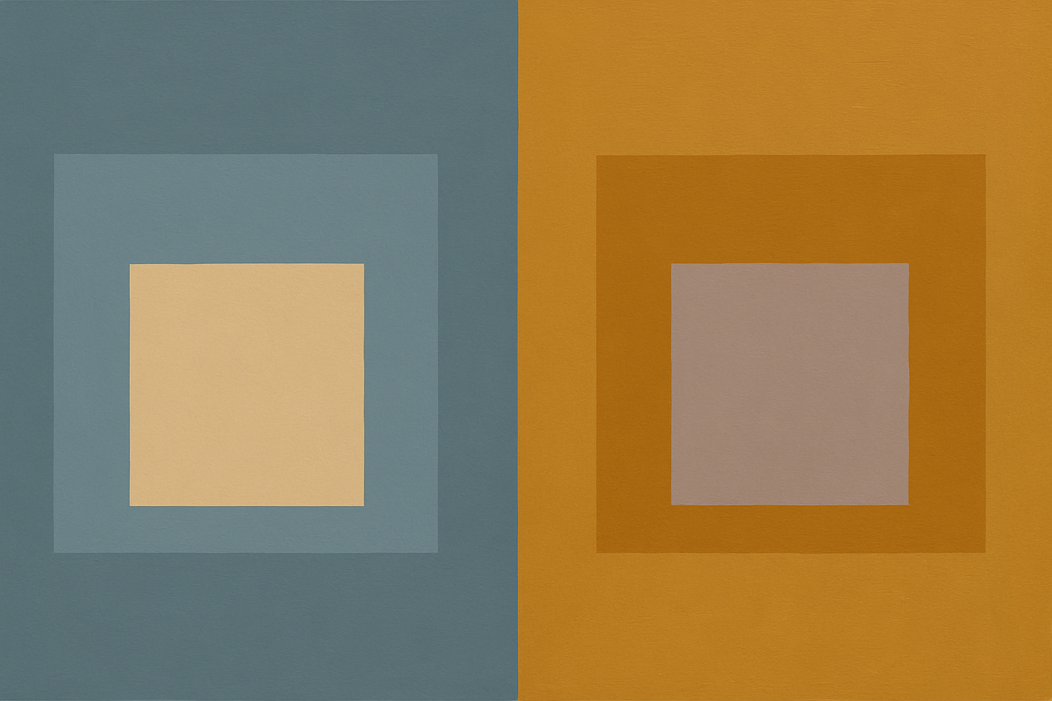 An Albers-inspired nested square demonstration where two physically different inner square colors appear perceptually identical due to the influence of their contrasting surrounding squares, illustrating simultaneous contrast in action.