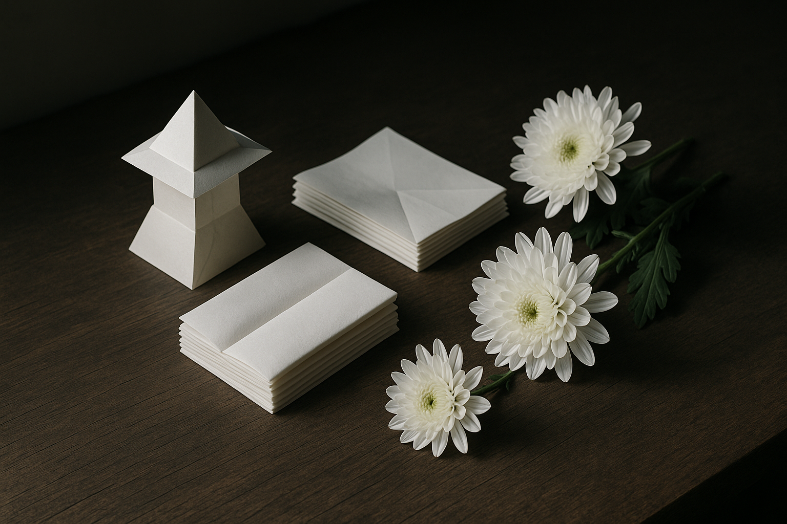 White paper funeral offerings and white chrysanthemum flowers arranged on dark wood, representing East Asian mourning traditions with soft natural lighting