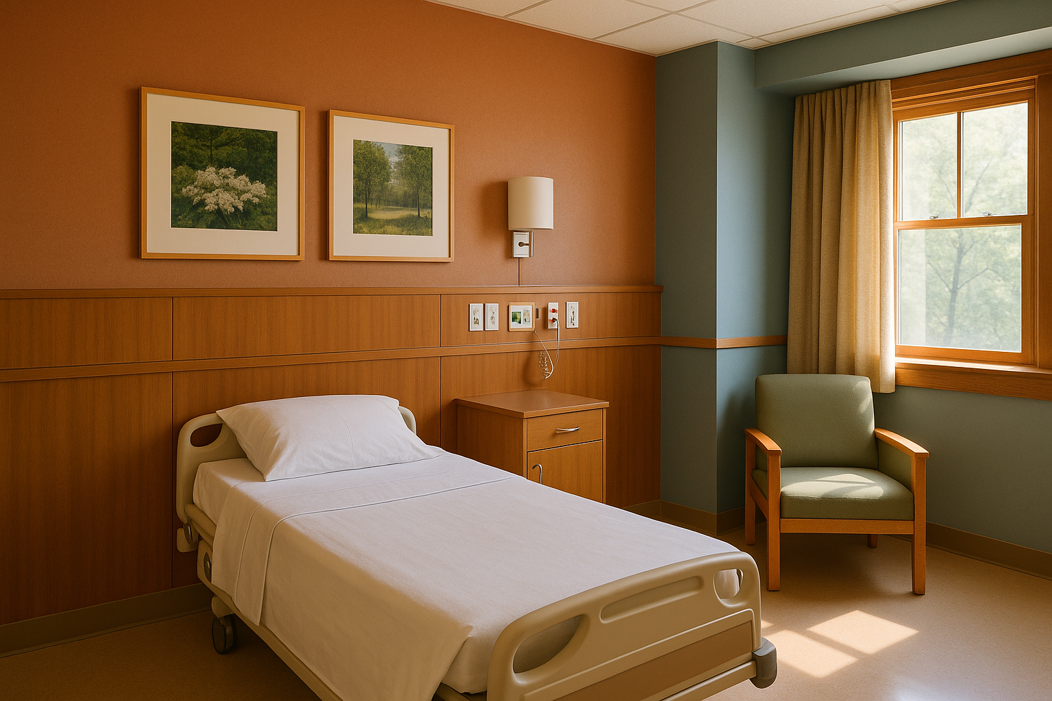 A warm, wood-accented Planetree-style patient room from the late 1990s