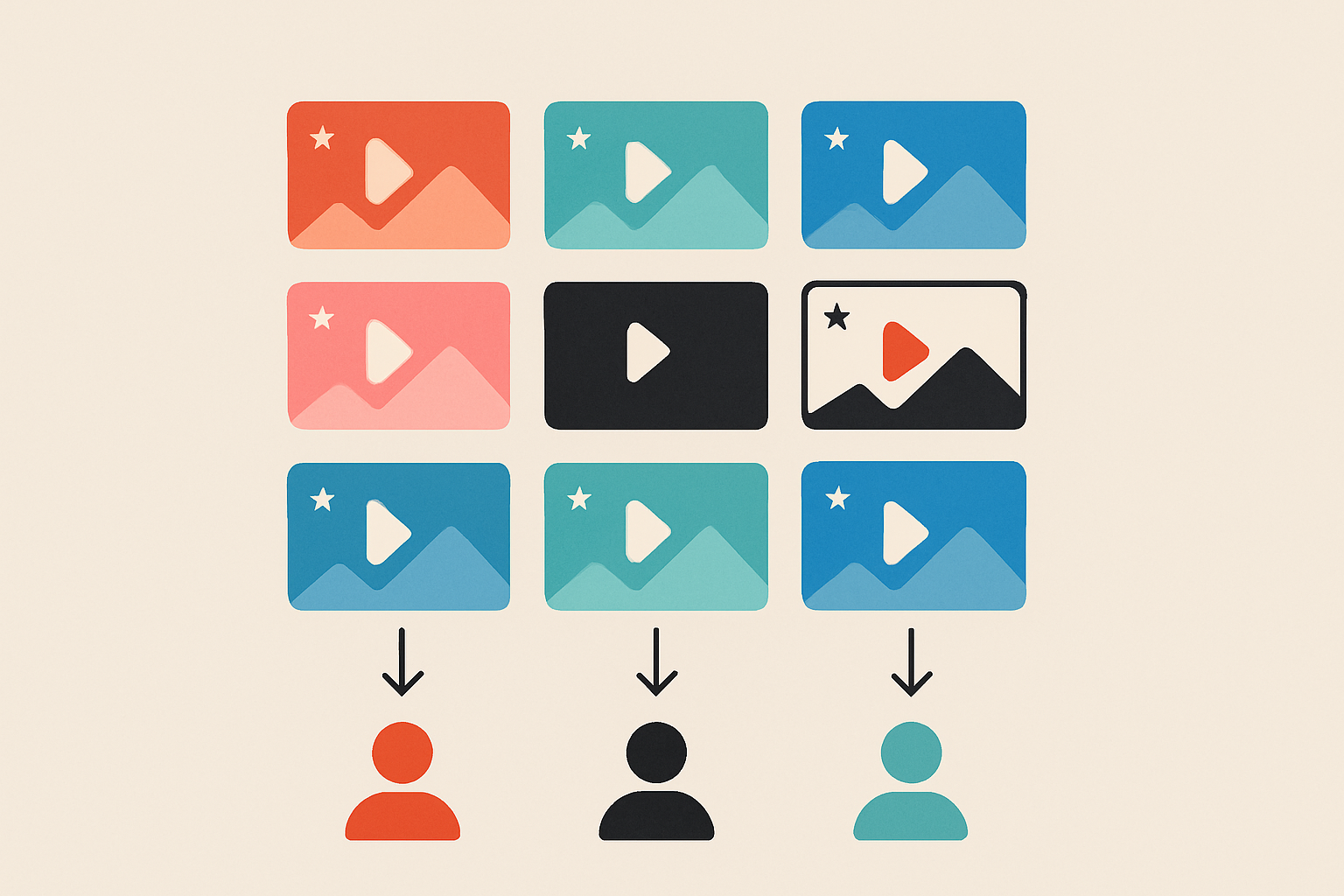 Diagram showing one thumbnail tested in nine different color treatments routed to different viewer segments, illustrating multivariate thumbnail testing