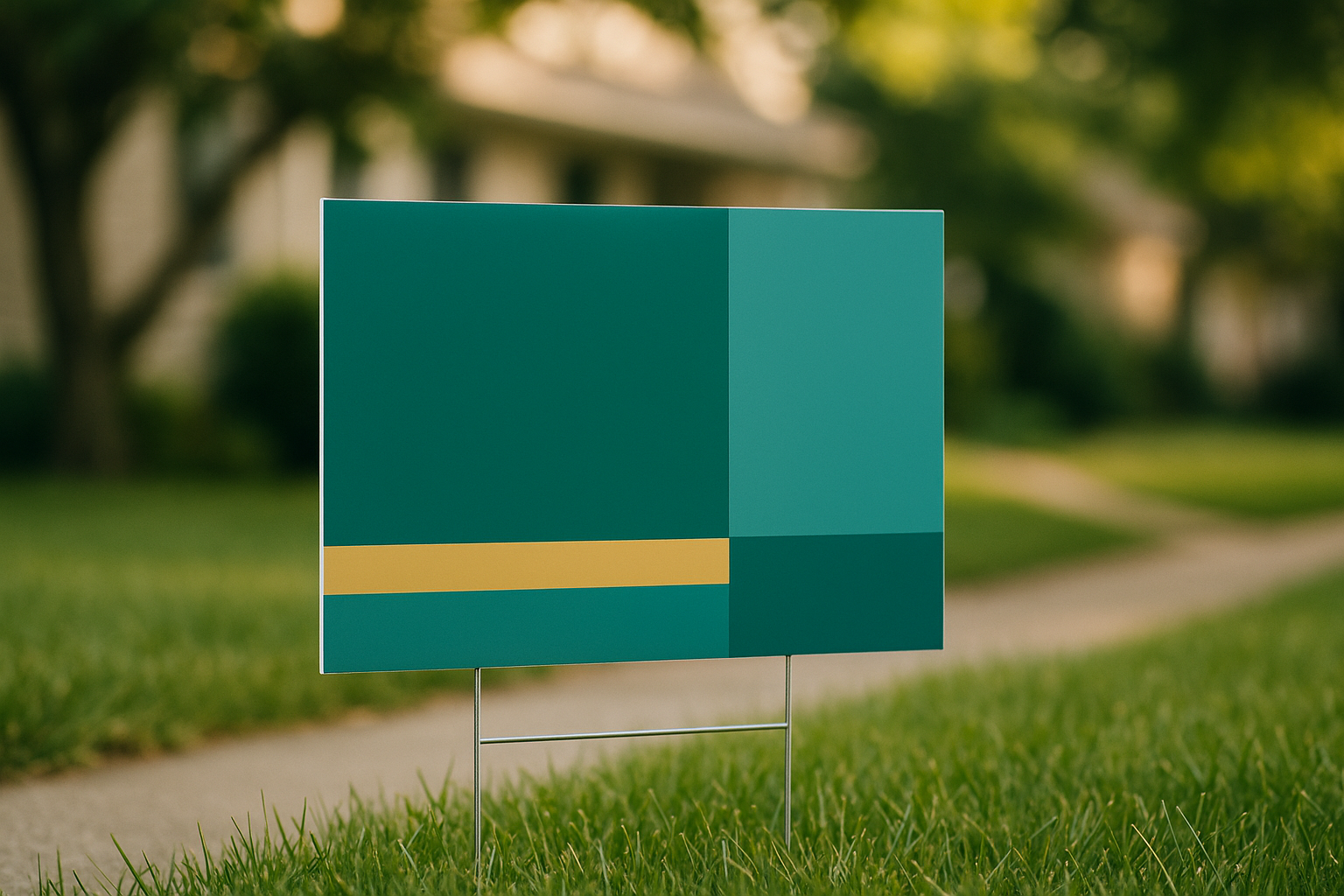 A campaign yard sign in warm teal and gold colors on a suburban lawn, showing a deliberate departure from traditional political colors