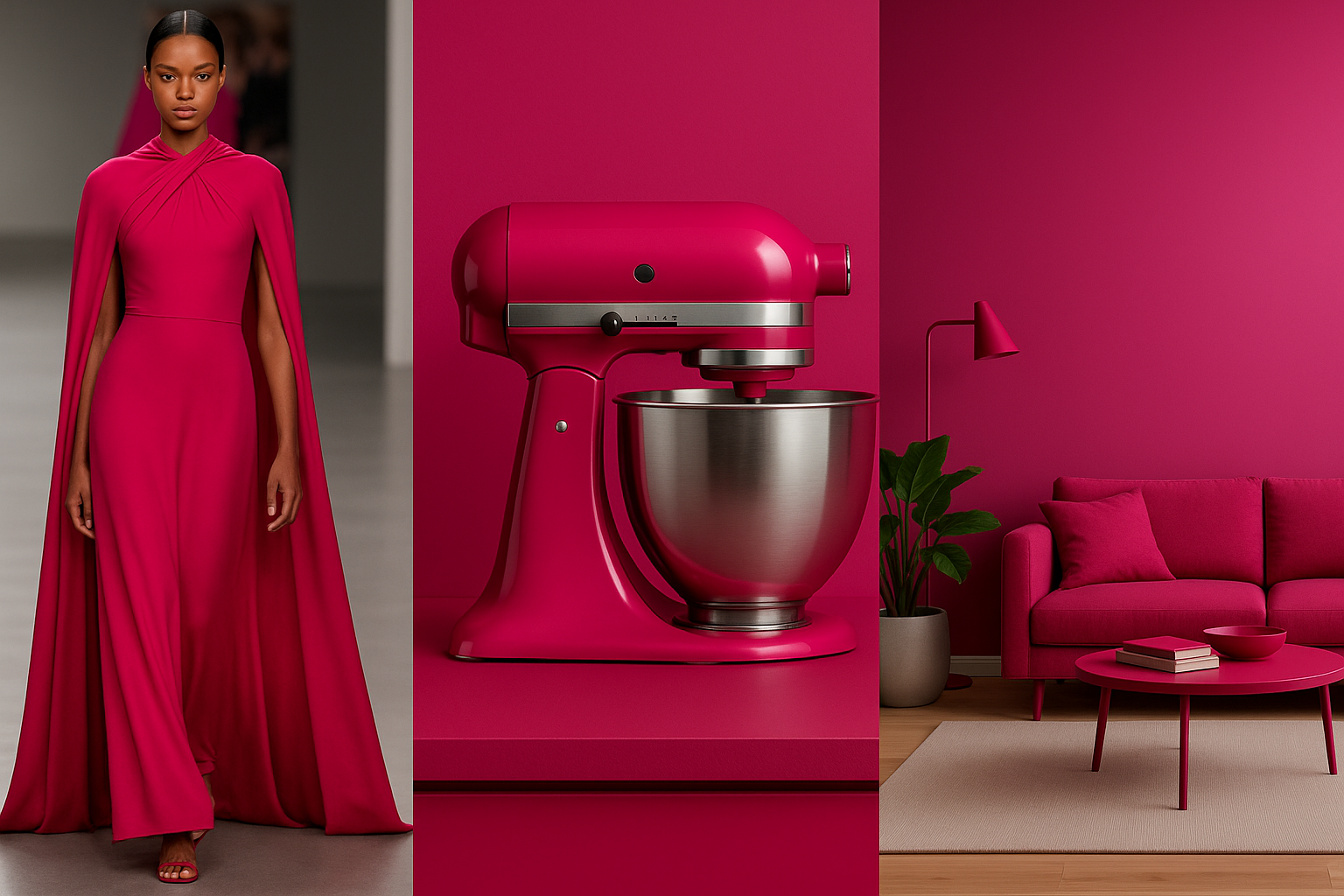 A three-panel collage showing a bright magenta color used in fashion, a product design, and an interior wall.