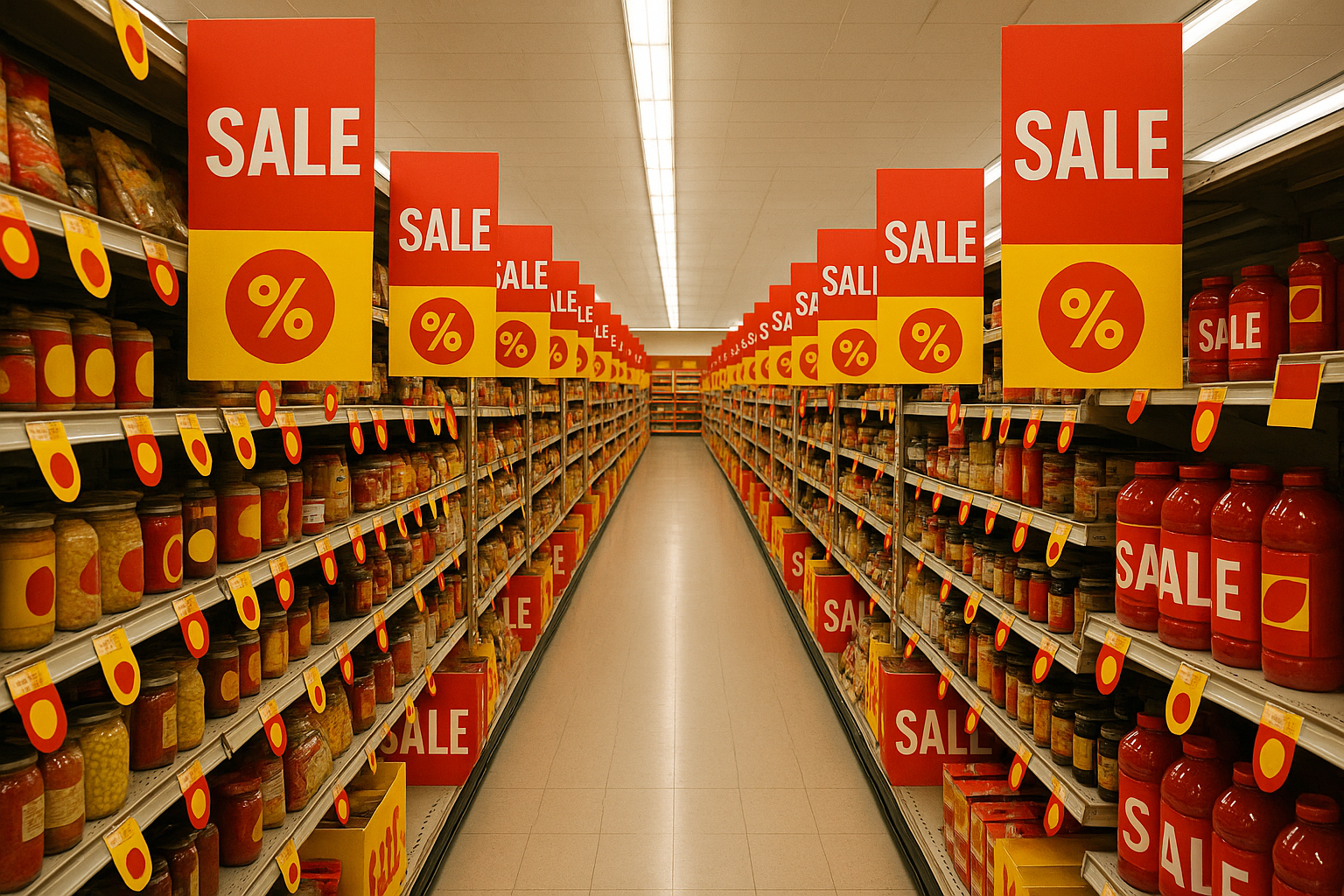 A grocery store aisle filled with dense repeated red sale signage creating a sense of urgency