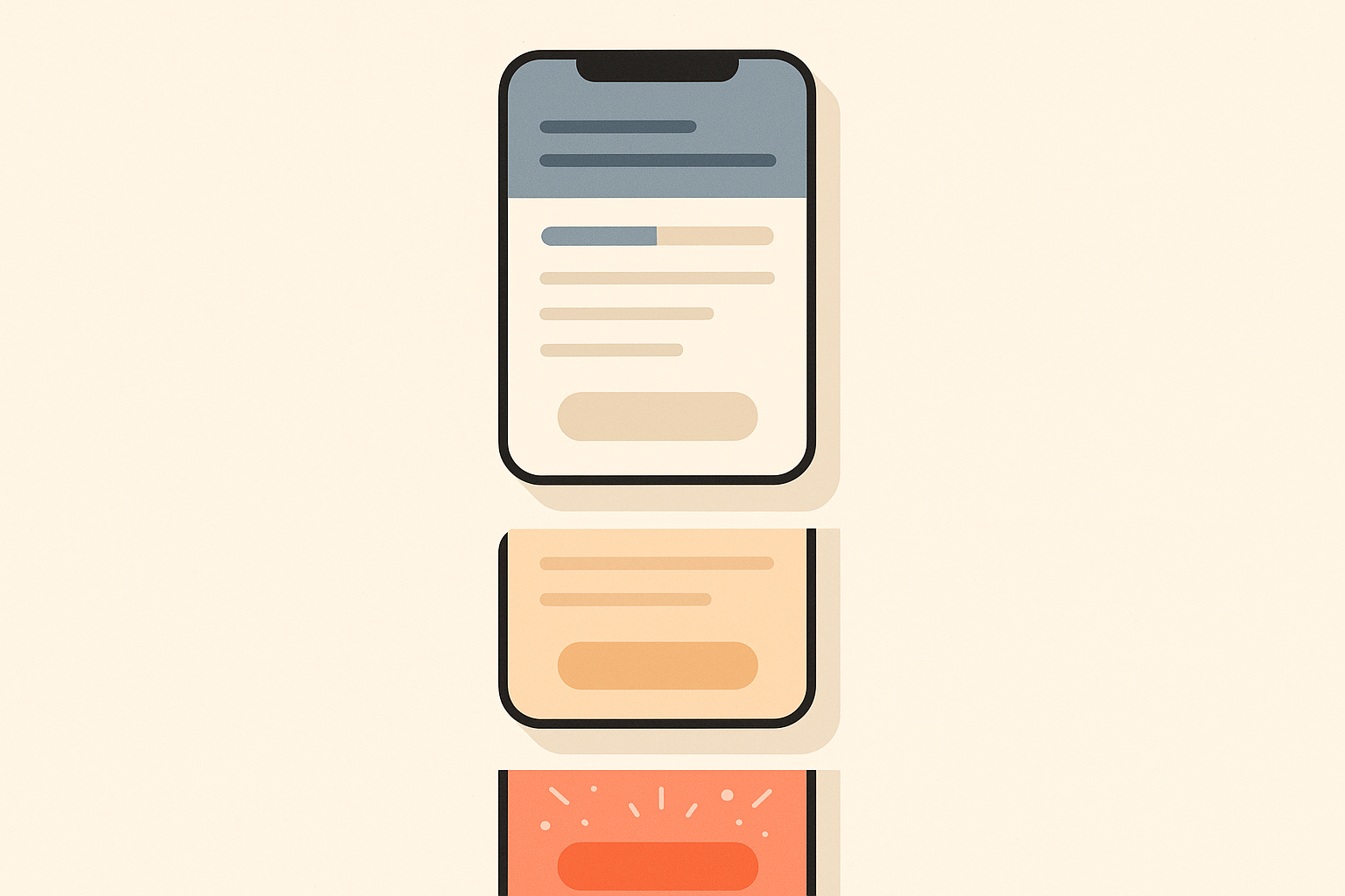 Diagram of a three-state motivational color model showing cool ambient tones warming to a coral celebration state across three phone screens.