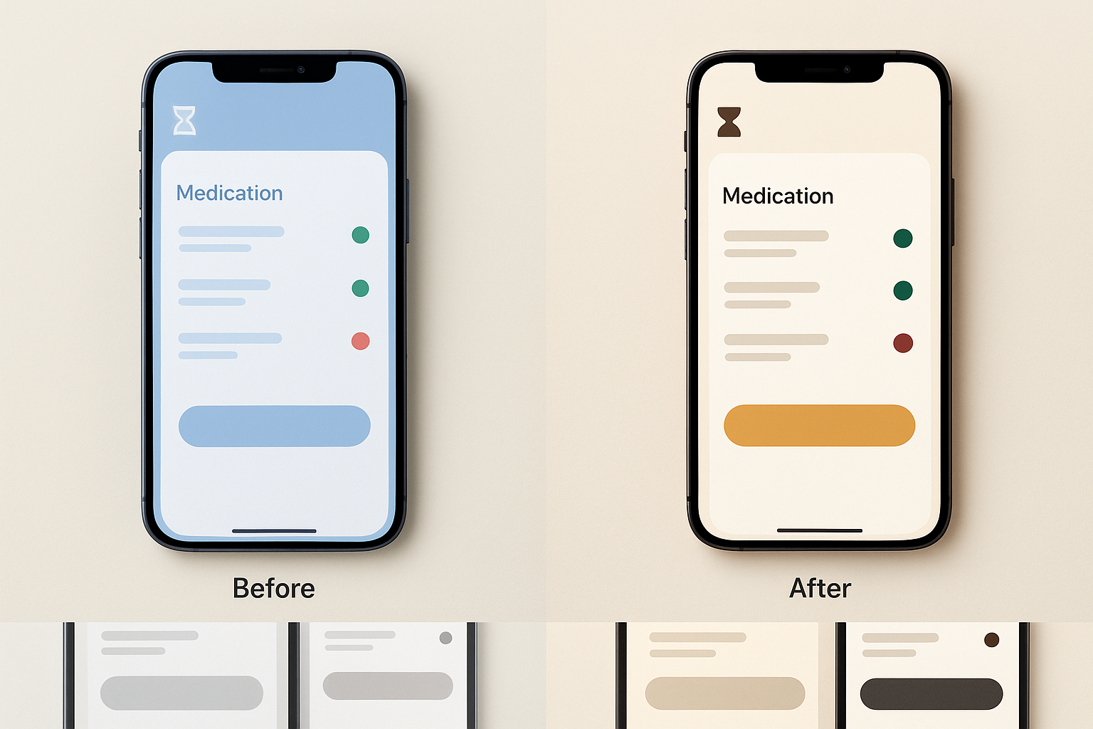 Before and after mobile mockups of a medication tracker app, cool-blue low-contrast original beside a warm high-contrast redesign, each with a grayscale strip below.