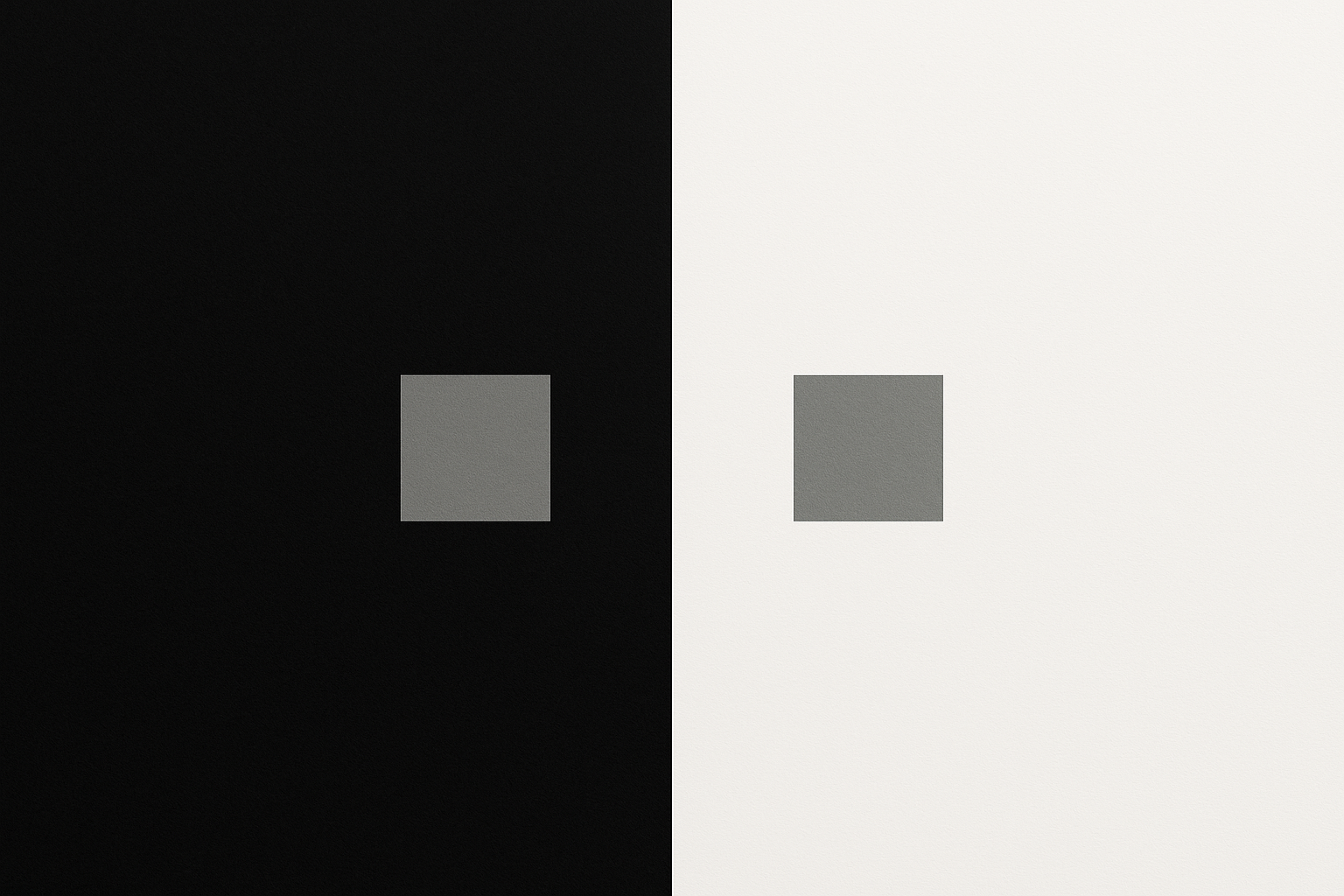 Two identical grey squares placed on black and white backgrounds, appearing to be different shades, demonstrating Josef Albers' simultaneous contrast principle.