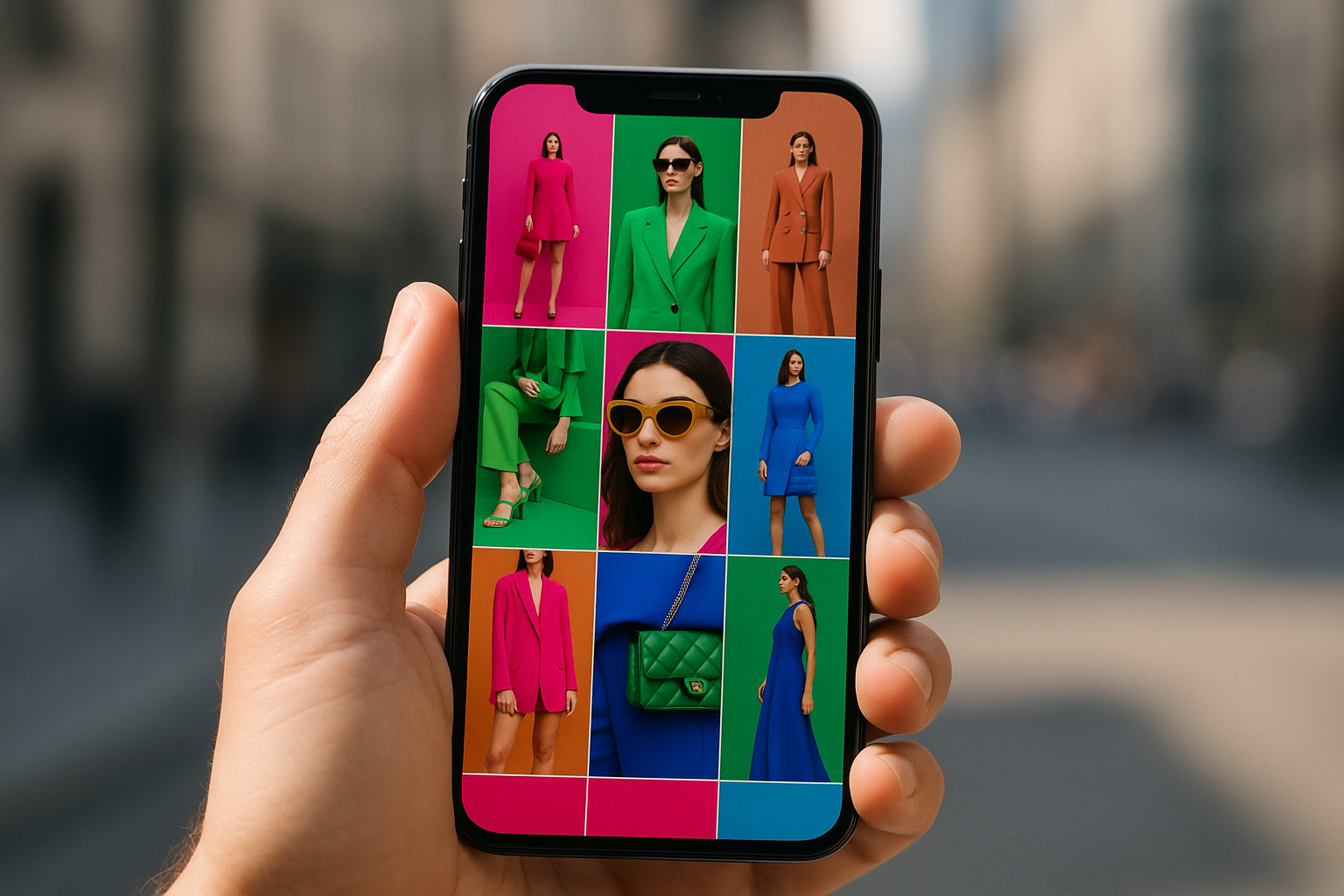 A smartphone displaying a social media grid of saturated fashion images in bold colors, illustrating how luxury brands are experienced through digital thumbnails