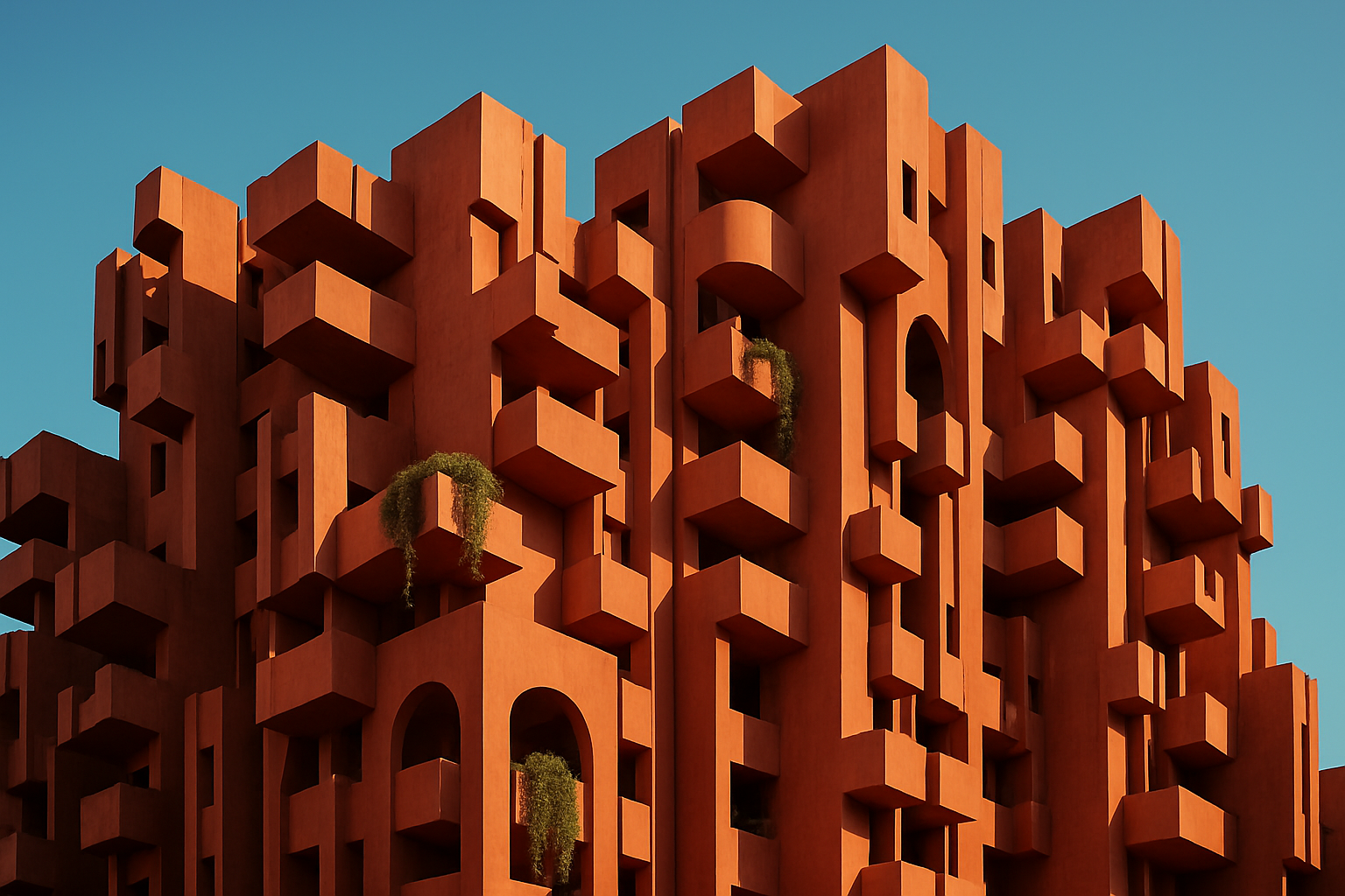 A monumental Brutalist housing complex with deep terracotta-colored exterior featuring geometric balconies and curved openings, photographed against a clear blue Mediterranean sky with trailing green plants on some balconies.